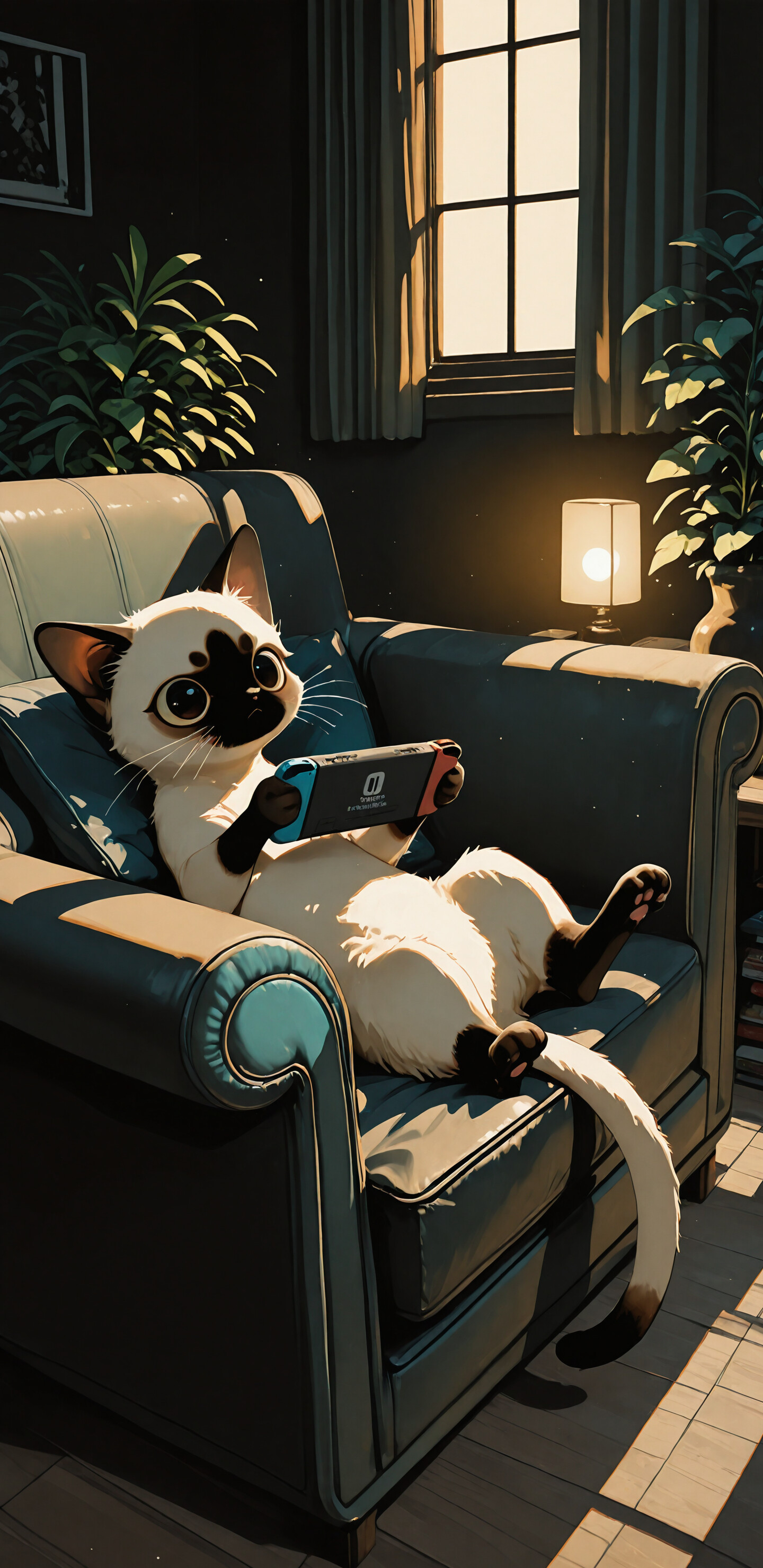 A grumpy-faced Siamese cat with big eyes sits in an armchair, intensely playing a video game on a handheld console in a dimly lit room.