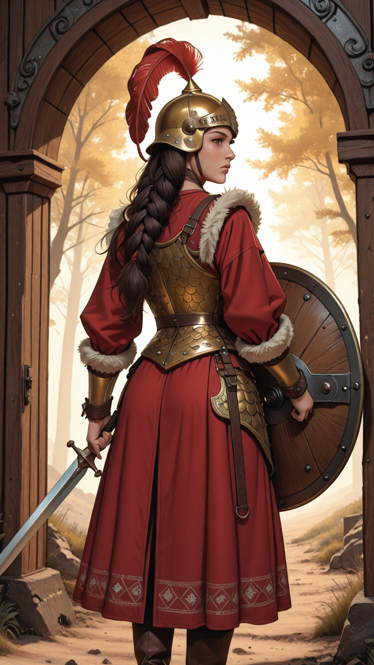 A full-length view from behind of a female warrior in a red surcoat and golden armor. She wears a plumed helmet, holds a longsword and a round shield, and stands in the arched gateway of a wooden fortress.
