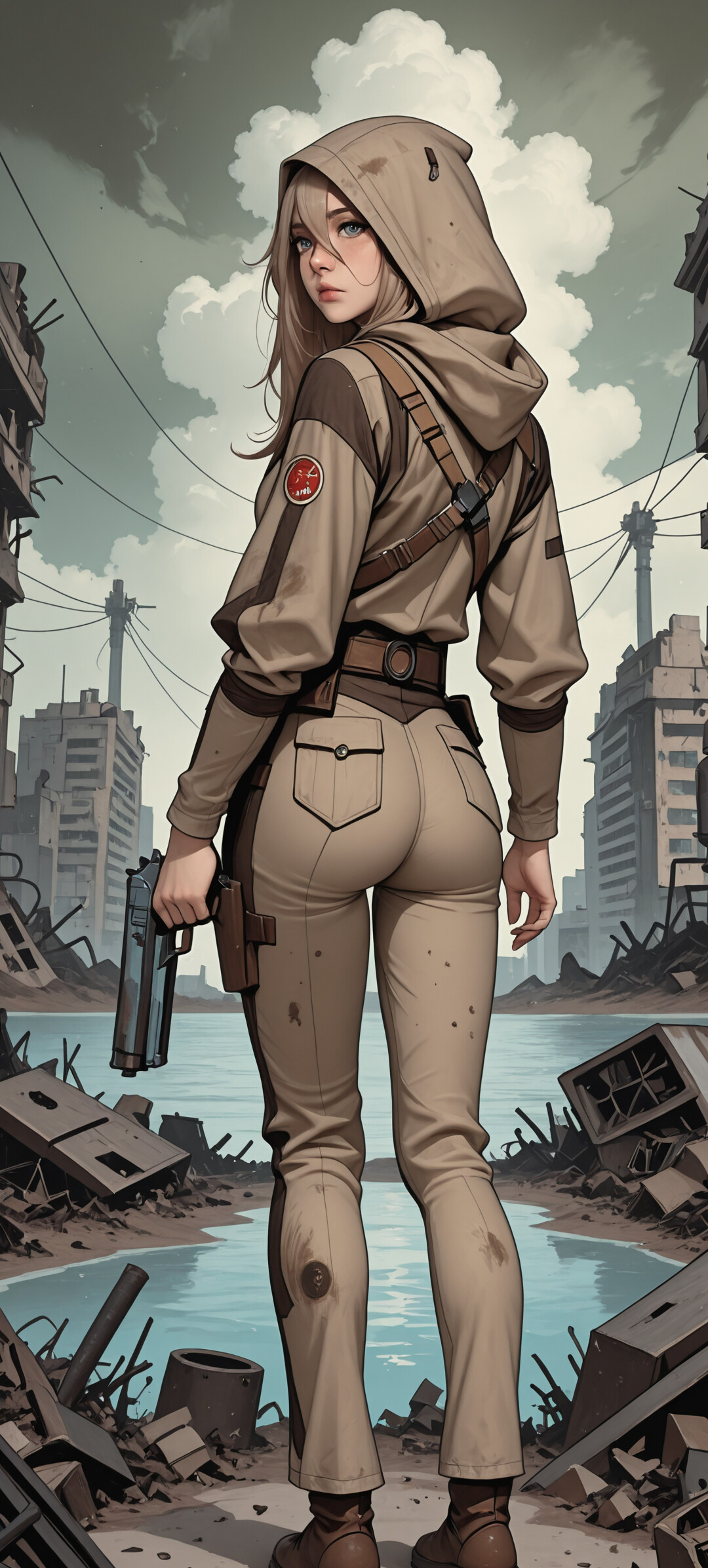 A full-body illustration of a young woman from behind in a post-apocalyptic city. She wears a hooded brown jacket and khaki pants, holding a large pistol in one hand and a smaller one in the other, looking back over her shoulder at the viewer. Ruined buildings and a body of water are in the background.