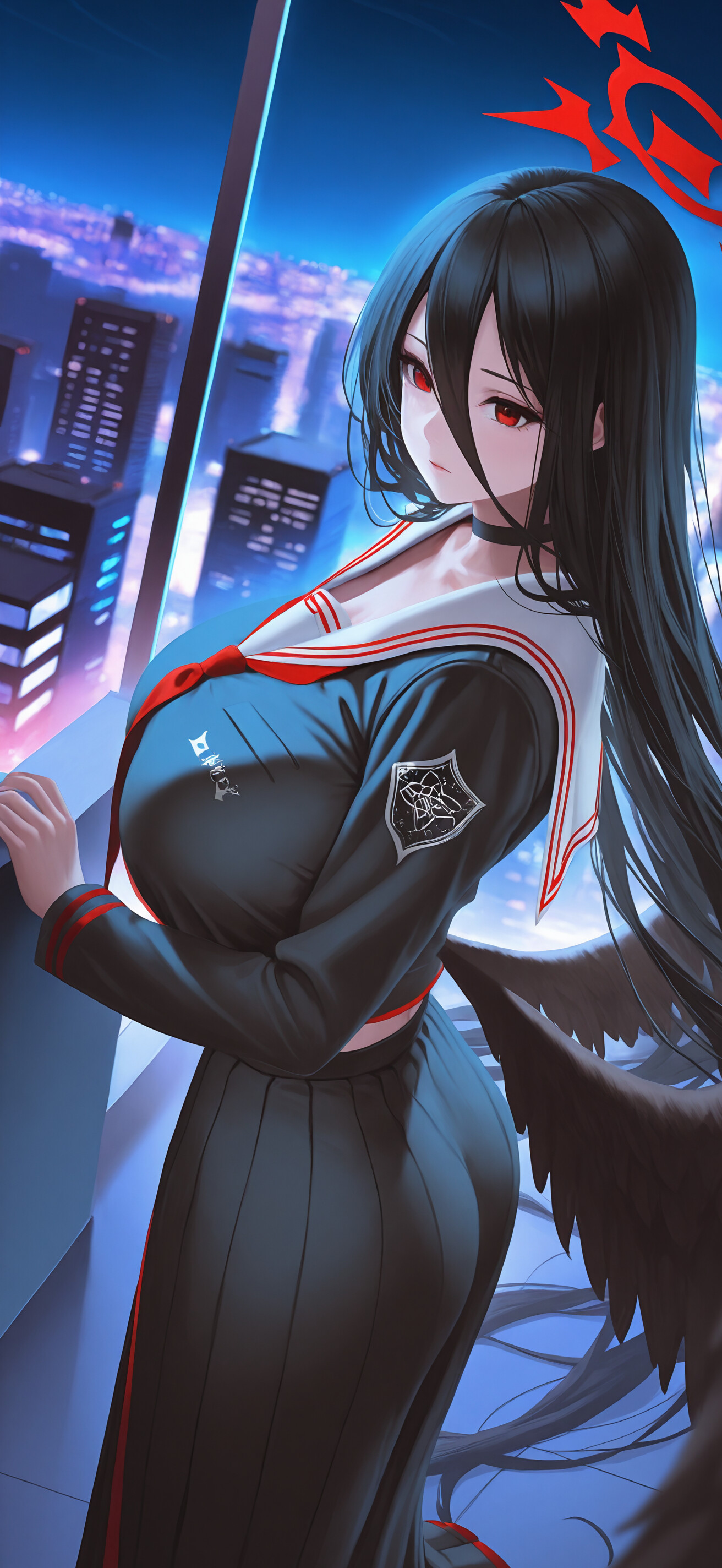 Hanekawa Hasumi from Blue Archive, an anime-style character with long black hair, red eyes, a red halo, and large black wings, wearing a black school uniform while looking out a window at a sprawling city at night.