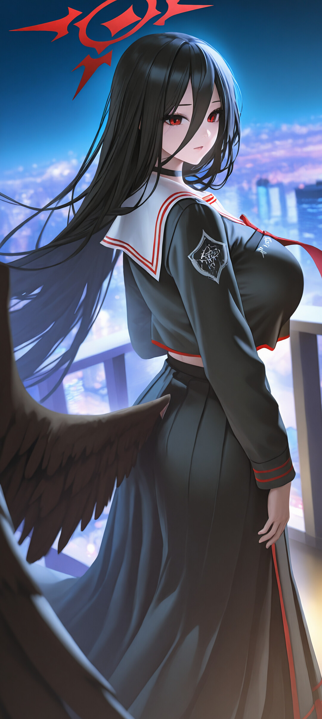Hanekawa Hasumi from Blue Archive, an anime-style girl with long black hair, red eyes, black wings, and a red halo, standing on a balcony overlooking a neon-lit city at night while wearing a black school uniform.