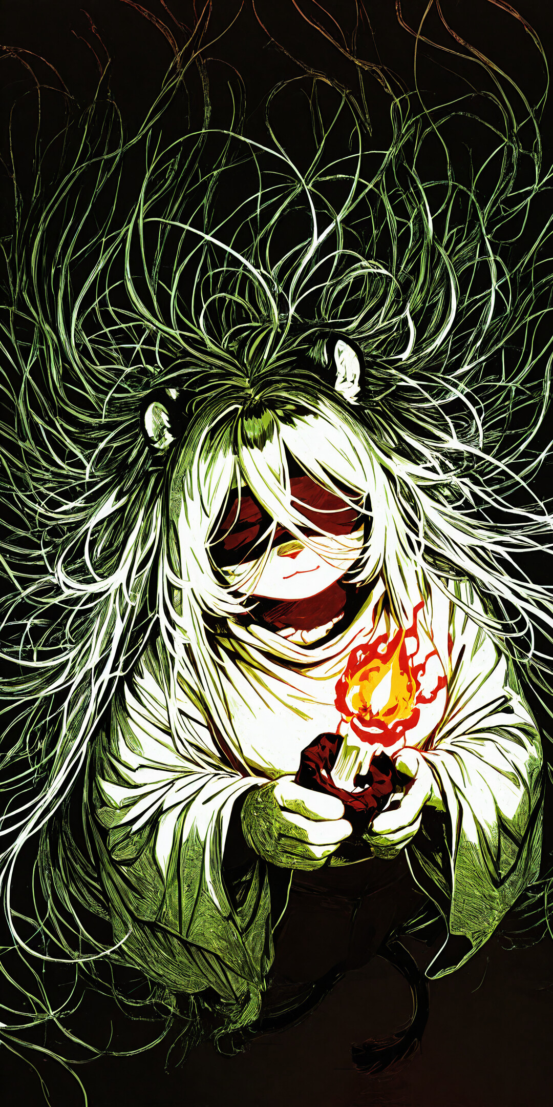 A high-contrast, black and white illustration of Hannah from Mahjong Soul. She is a girl with animal ears and long, flowing white hair, wearing a black blindfold and a white cloak. She holds a lit candle, which is the only source of color and light in the image.