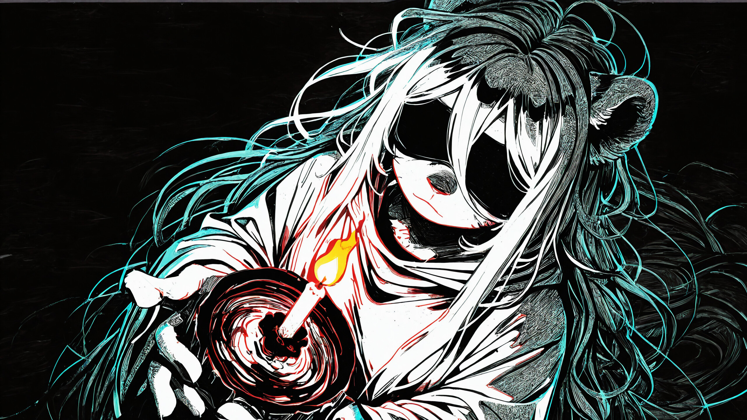 A high-contrast, black and white illustration of Hannah from Mahjong Soul. She is a girl with animal ears and long, flowing white hair, wearing a black blindfold and a white cloak. She holds a lit candle, which is the only source of color and light in the image.