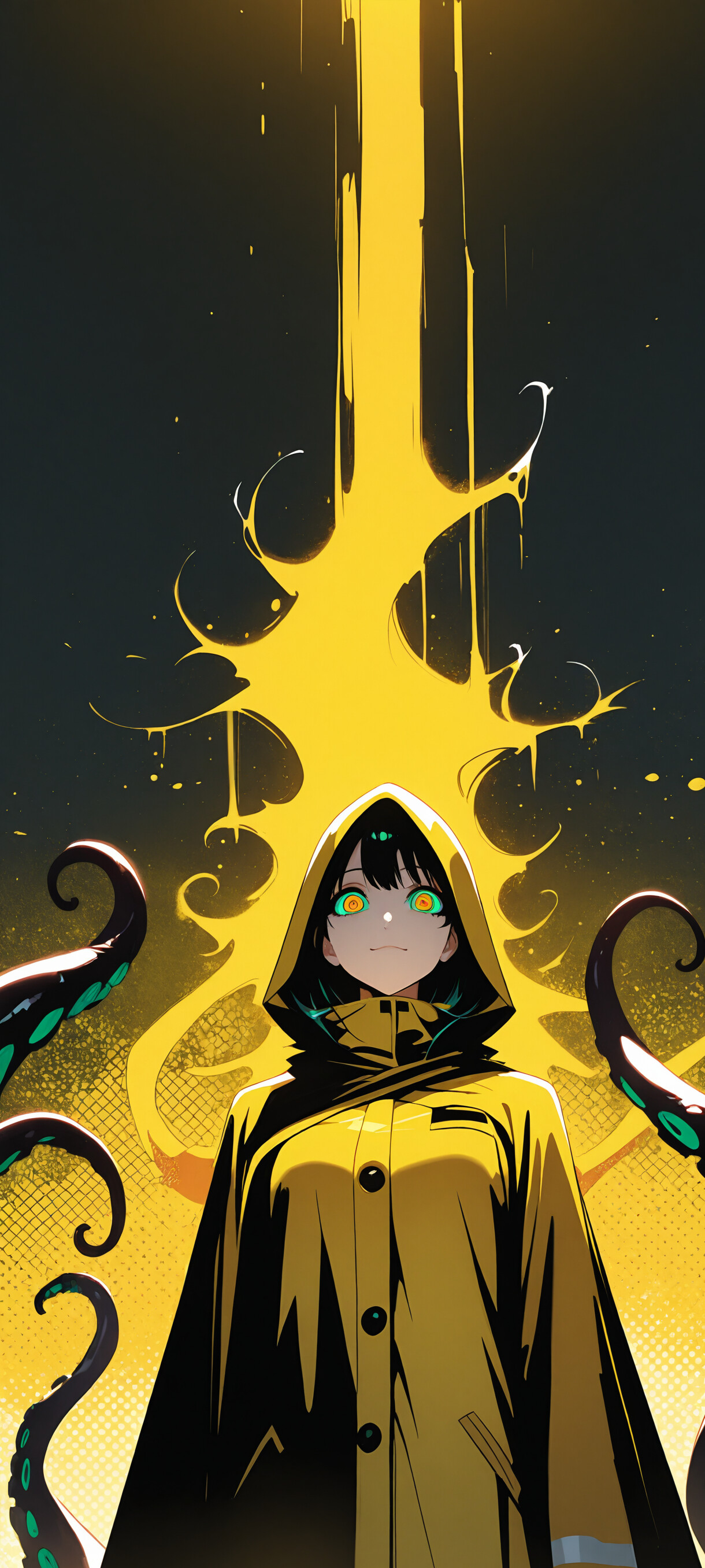 An anime-style illustration of a girl personifying Hastur, The King in Yellow. She has black hair, intense yellow ringed eyes, and wears a yellow hooded cloak. Dark green tentacles surround her against a bright yellow background.