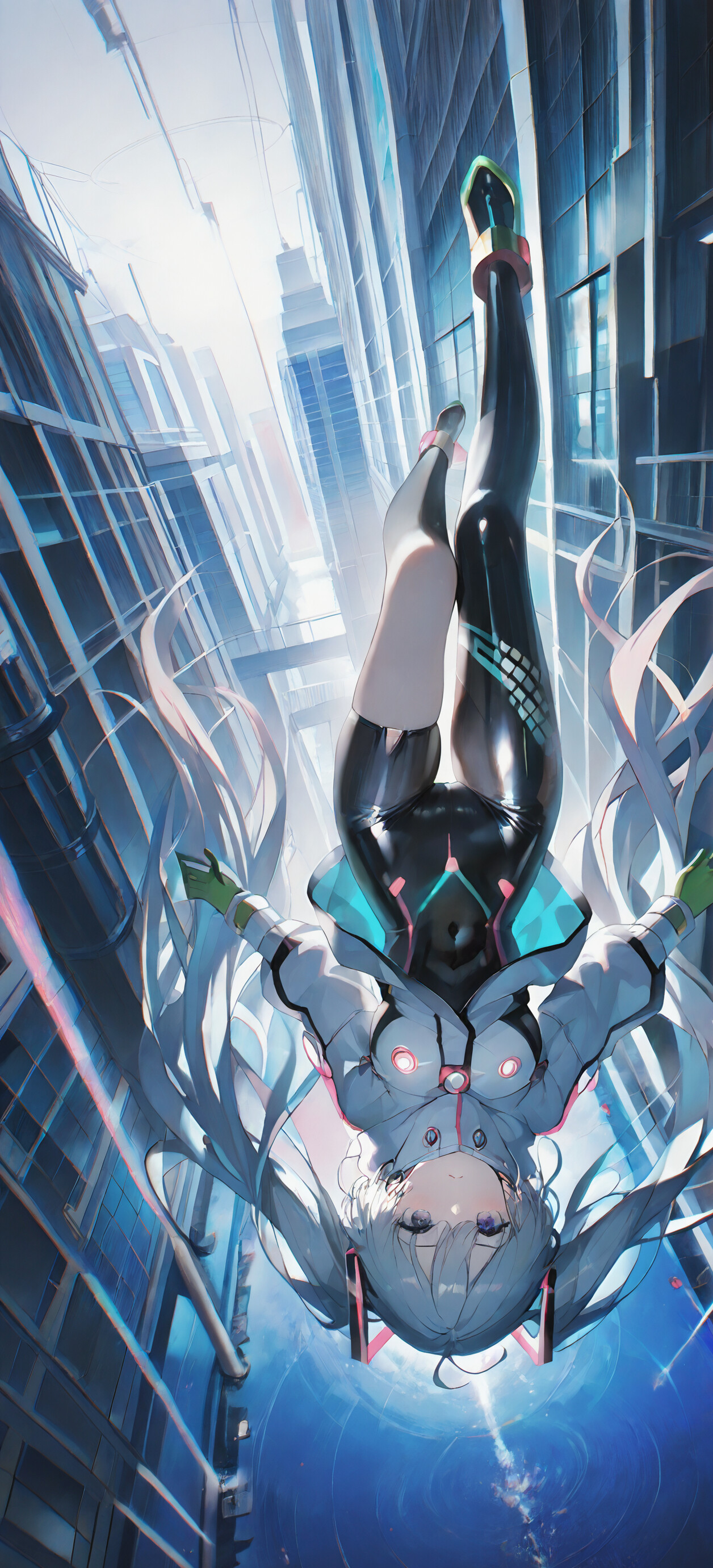 A vertical anime illustration of Hatsune Miku falling upside down between tall, futuristic skyscrapers. She wears a white jacket and black bodysuit, with her long teal twintails flowing around her as she looks towards the viewer.