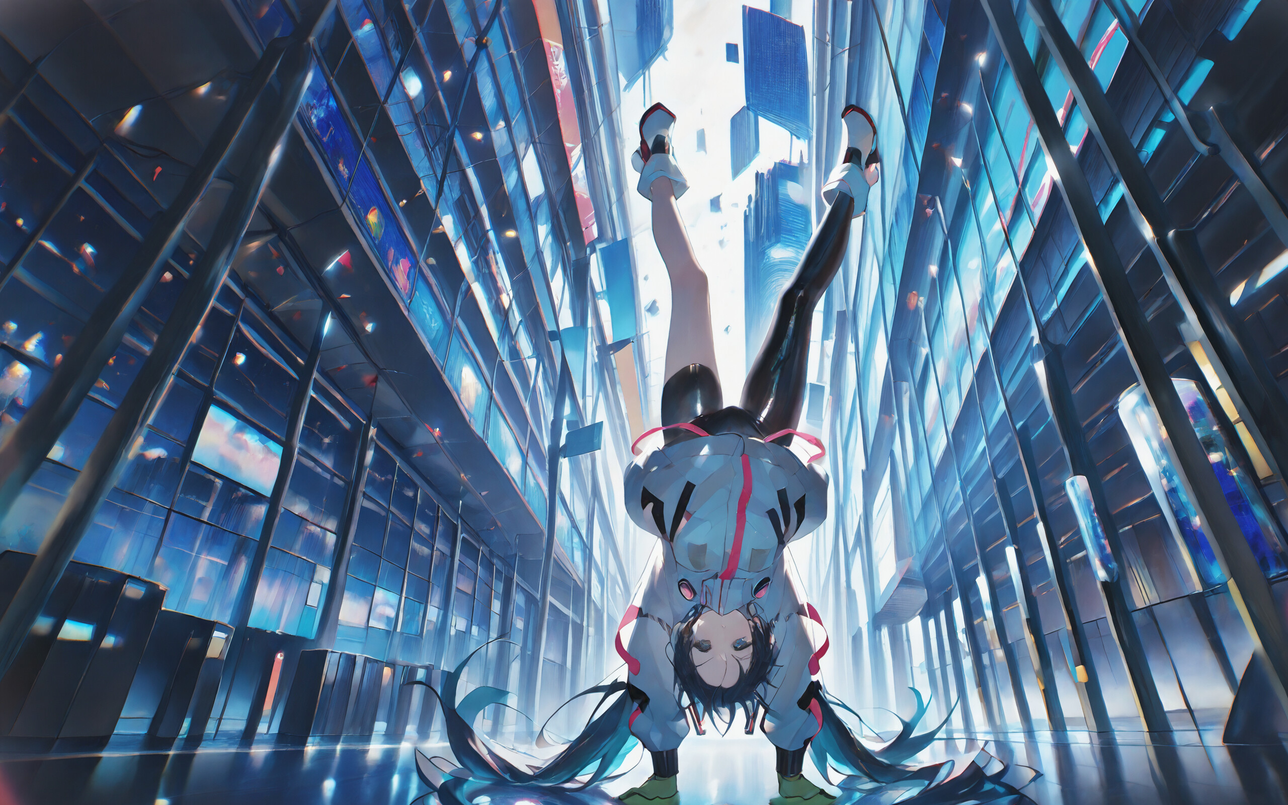 A vertical anime illustration of Hatsune Miku falling upside down between tall, futuristic skyscrapers. She wears a white jacket and black bodysuit, with her long teal twintails flowing around her as she looks towards the viewer.