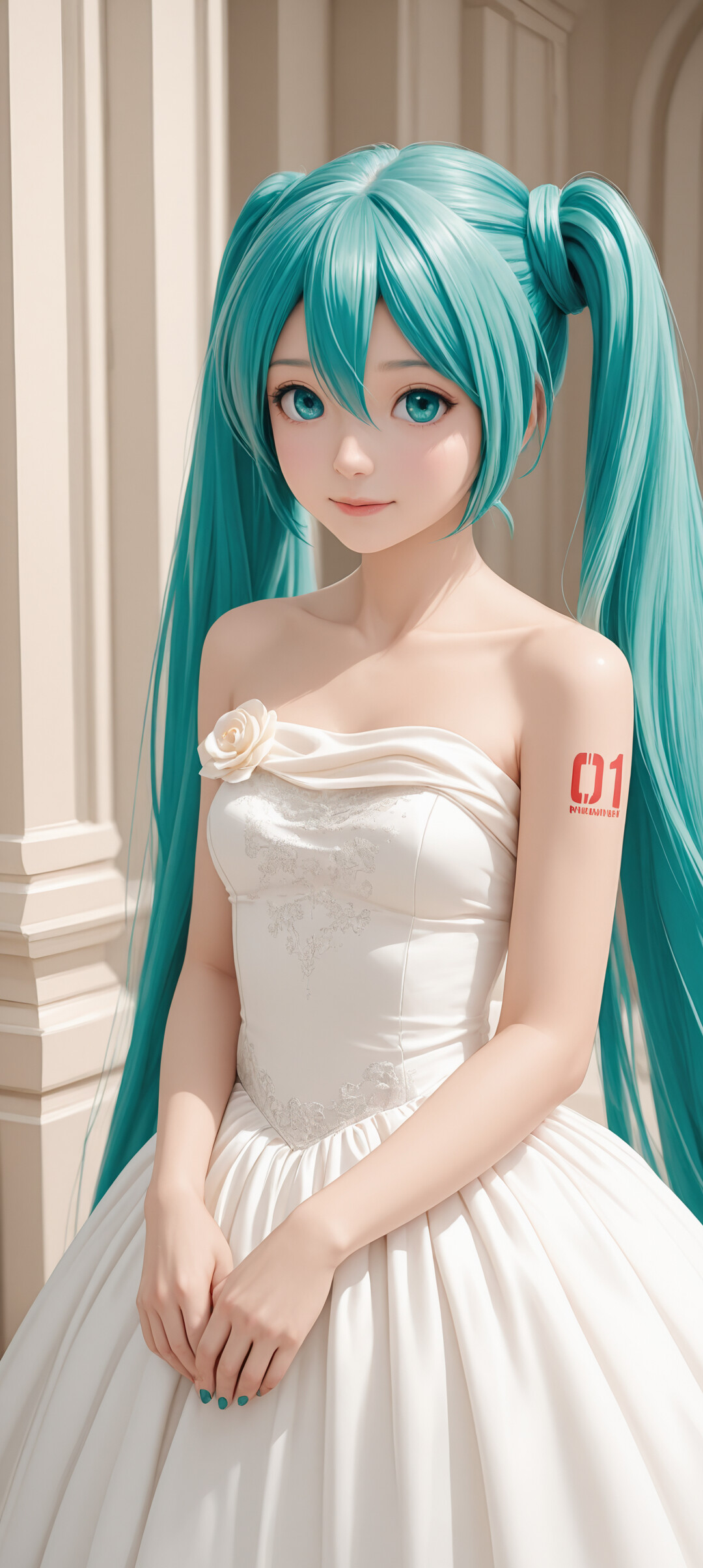 A portrait of Hatsune Miku with her long turquoise twin-tails, wearing an elegant strapless off-white ball gown with a white rose on the bodice, against a plain, neutral background.