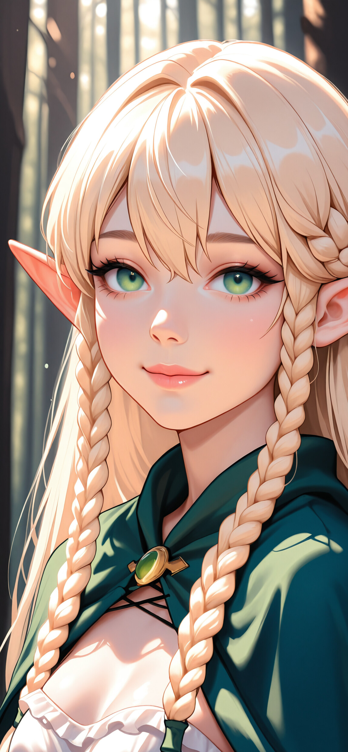 A portrait of the high elf Eltolindeill from Record of Lodoss War, featuring long blonde hair in braids, pointy ears, green eyes, and a green cape, set against a blurry forest background.