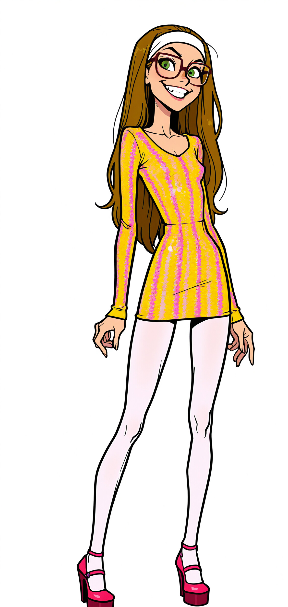 A full-body digital illustration of Honey Lemon from Big Hero 6 smiling happily. She has long brown hair, green eyes, red glasses, and a white headband, and is wearing a tight yellow mini-dress, white pantyhose, and white high heels.