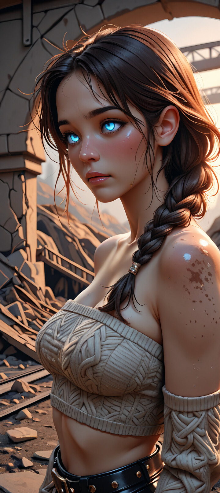 A young woman with glowing white eyes and braided brown hair stands in a ruined city. She wears a knit tube top and an open cardigan, looking sadly at the viewer against a backdrop of urban decay and a broken bridge at sunset.