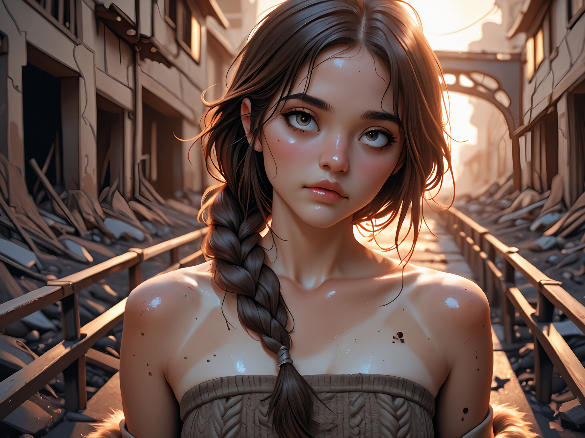 A young woman with glowing white eyes and braided brown hair stands in a ruined city. She wears a knit tube top and an open cardigan, looking sadly at the viewer against a backdrop of urban decay and a broken bridge at sunset.