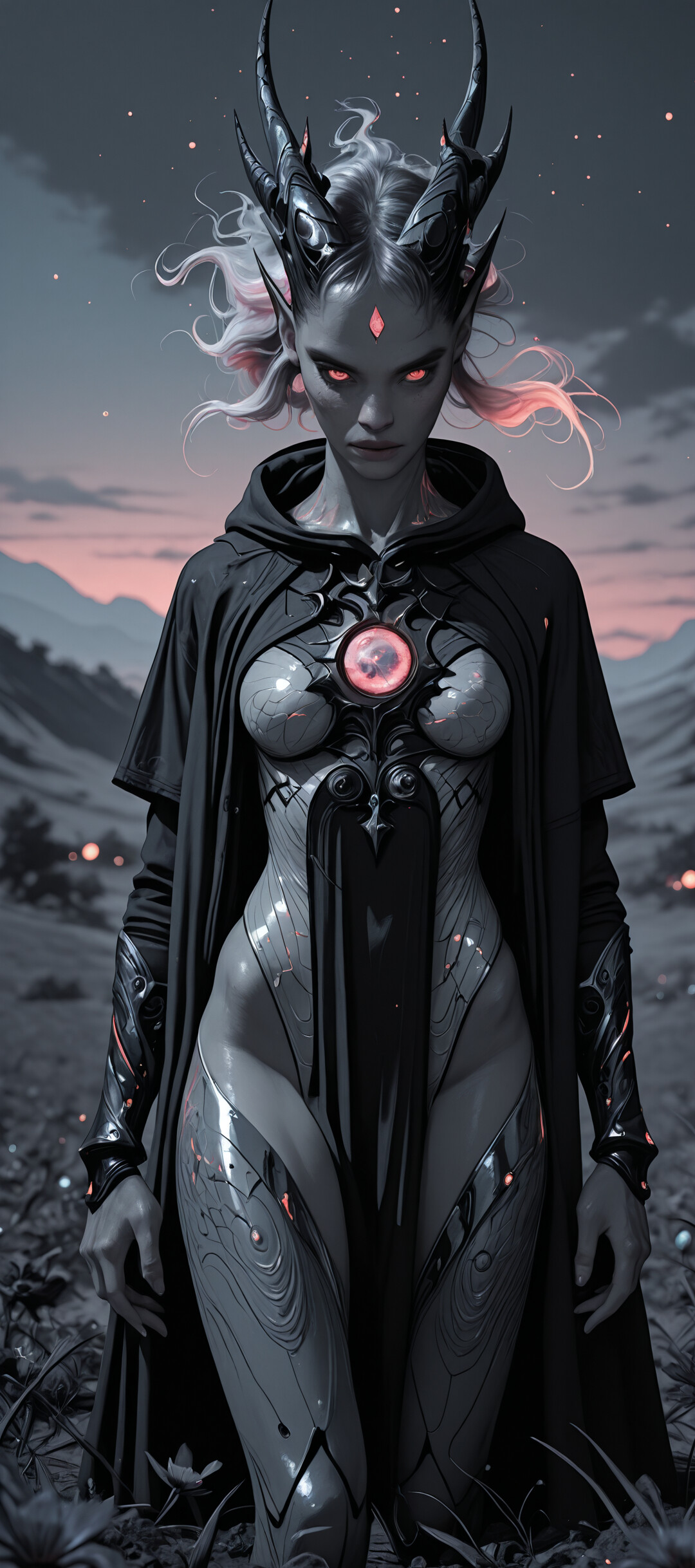 A fantasy portrait of a woman with large black horns, pointed ears, and glowing orange eyes. She wears dark armor with a colorful glowing spiral on the chest and stands in a bleak landscape with fiery mountains in the background.