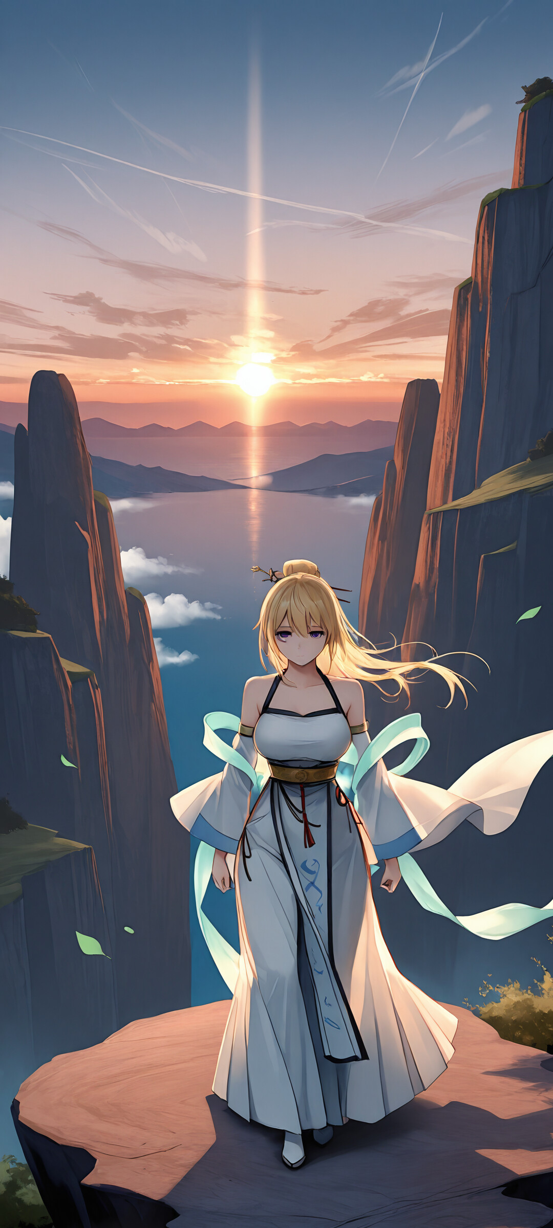 An anime-style illustration of the character Illustrious from Azur Lane, a blonde woman in a white and blue hanfu-style dress, standing on a cliff overlooking the sea at sunset. A green dragon flies in the distance.