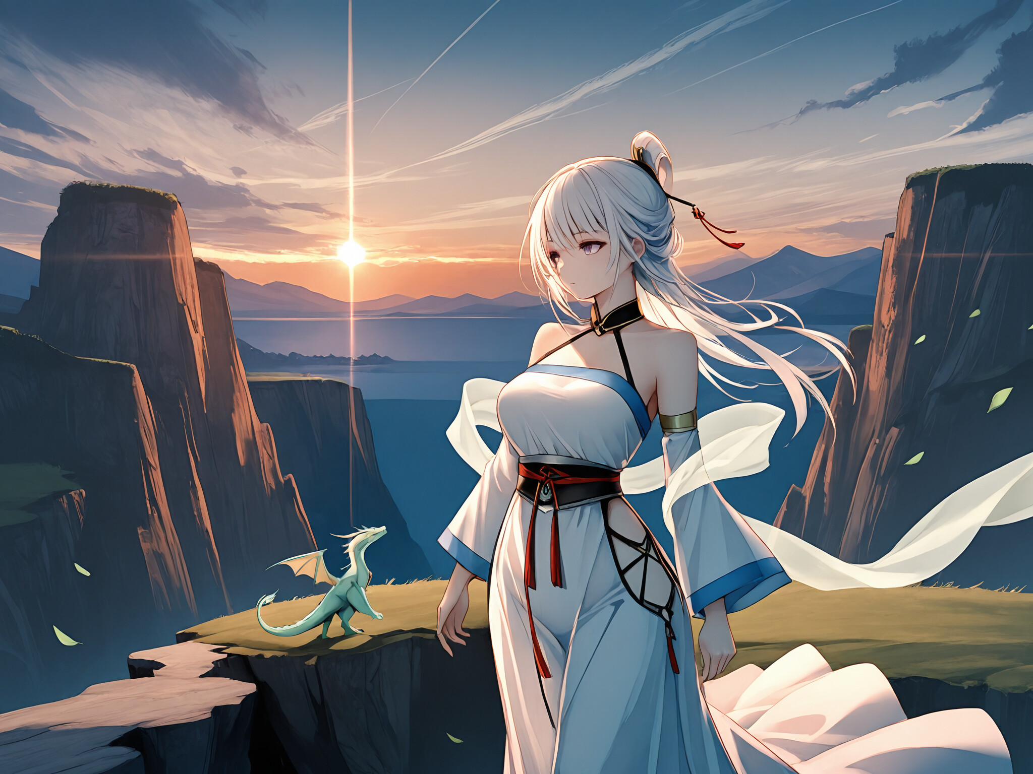 An anime-style illustration of the character Illustrious from Azur Lane, a blonde woman in a white and blue hanfu-style dress, standing on a cliff overlooking the sea at sunset. A green dragon flies in the distance.