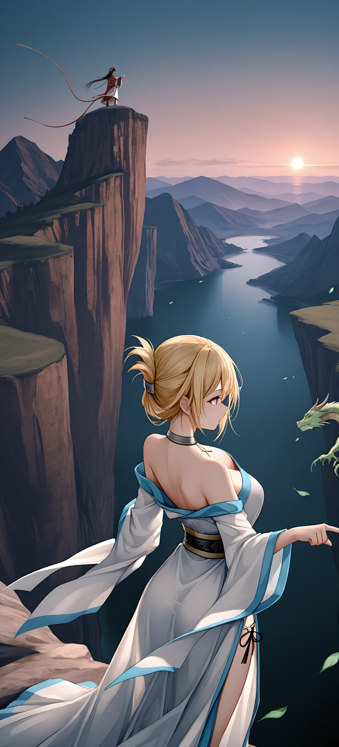 An anime-style illustration of the blonde character Illustrious from Azur Lane, viewed from behind. She stands on a cliff overlooking a mountainous landscape with a lake, pointing at a pillar of light on the horizon at sunset. A green dragon flies nearby.