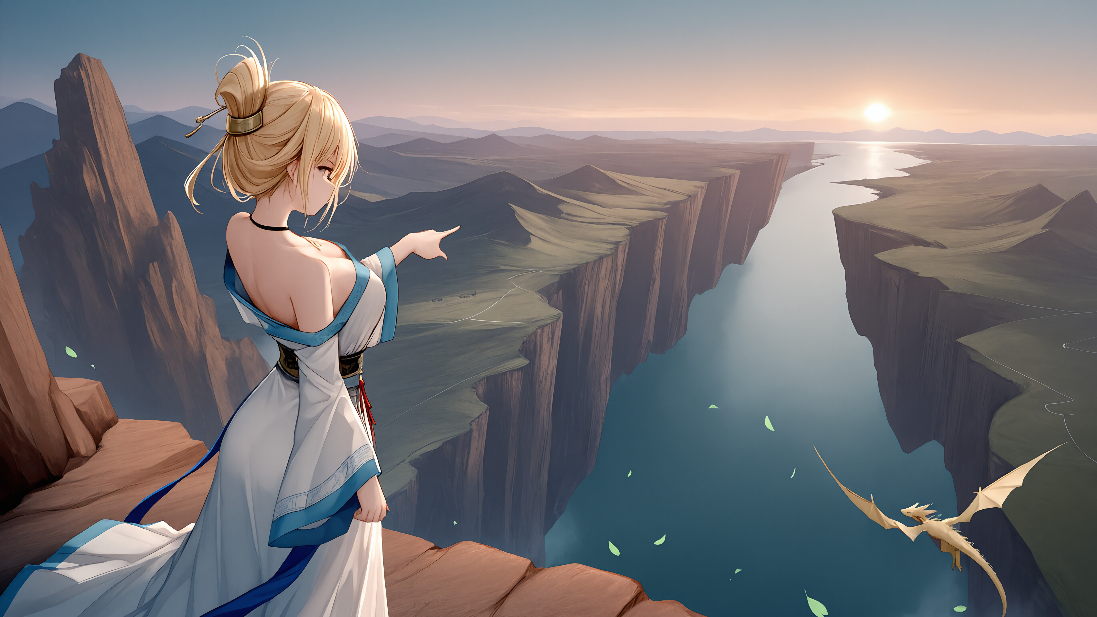 An anime-style illustration of the blonde character Illustrious from Azur Lane, viewed from behind. She stands on a cliff overlooking a mountainous landscape with a lake, pointing at a pillar of light on the horizon at sunset. A green dragon flies nearby.