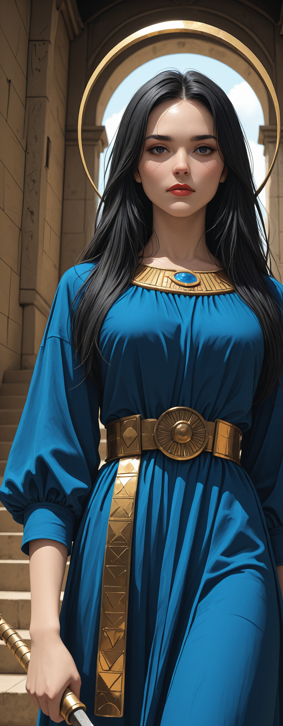 A portrait of the Sumerian goddess Inanna, a woman with long black hair and red lips, wearing a blue gown and gold belt while holding a sickle-sword on the steps of an ancient temple.
