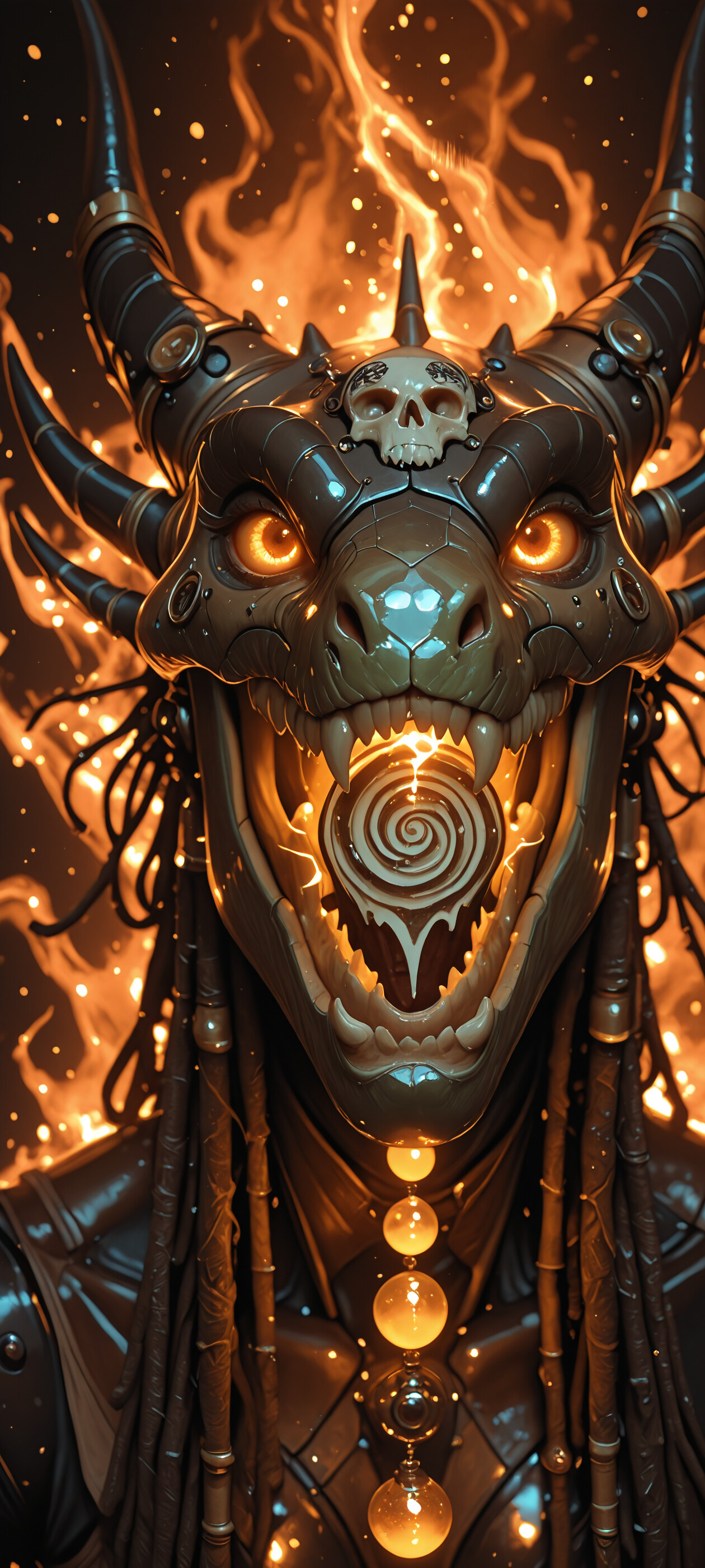 A close-up portrait of a fierce steampunk dragon with a white skull-like face, glowing orange eyes, metallic horns, and brown dreadlocks, set against a fiery background.