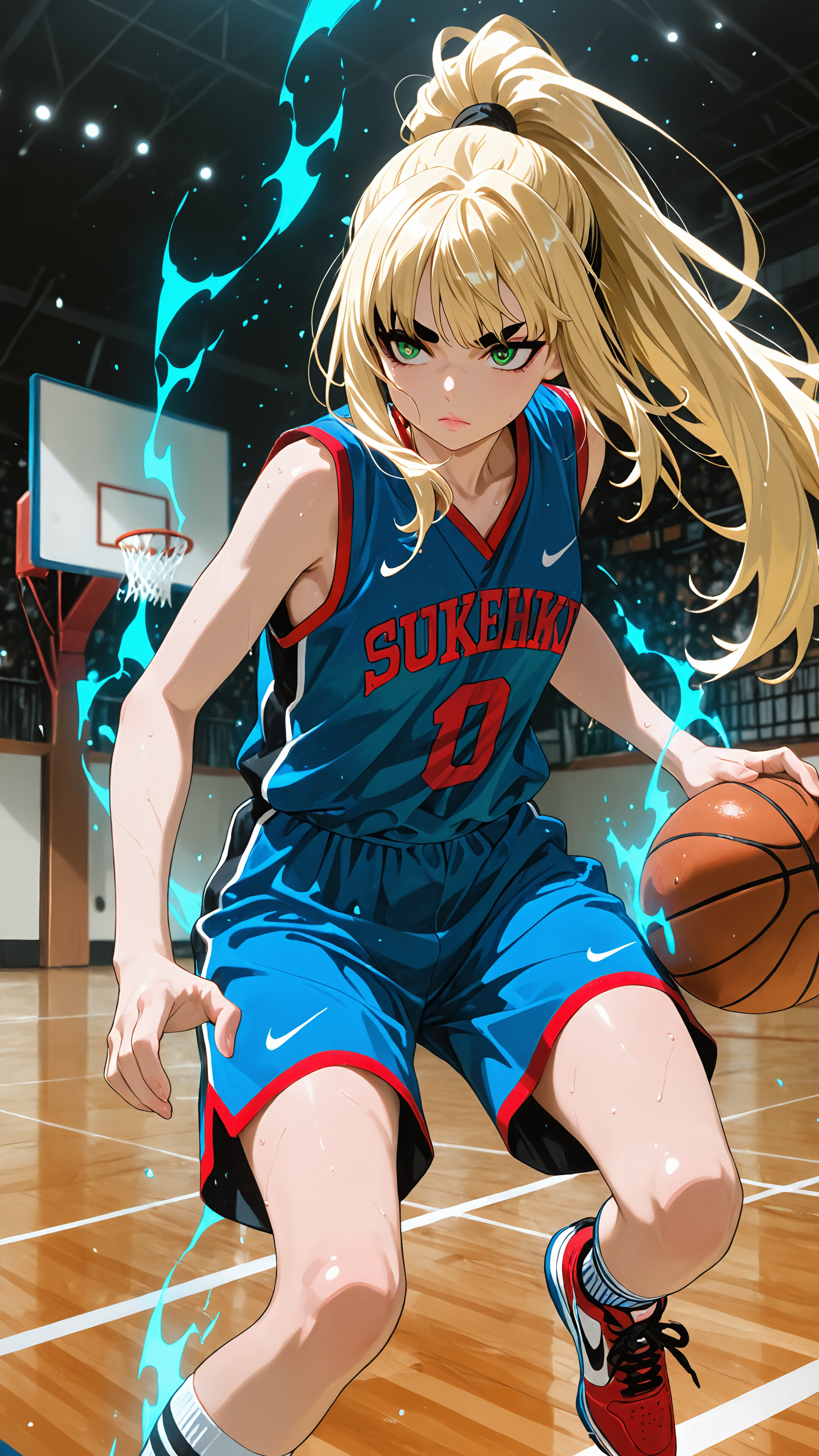 An anime girl with blonde hair in a ponytail and black streaks stands on a basketball court, wearing a blue uniform with the number 13, surrounded by a blue flame-like aura.
