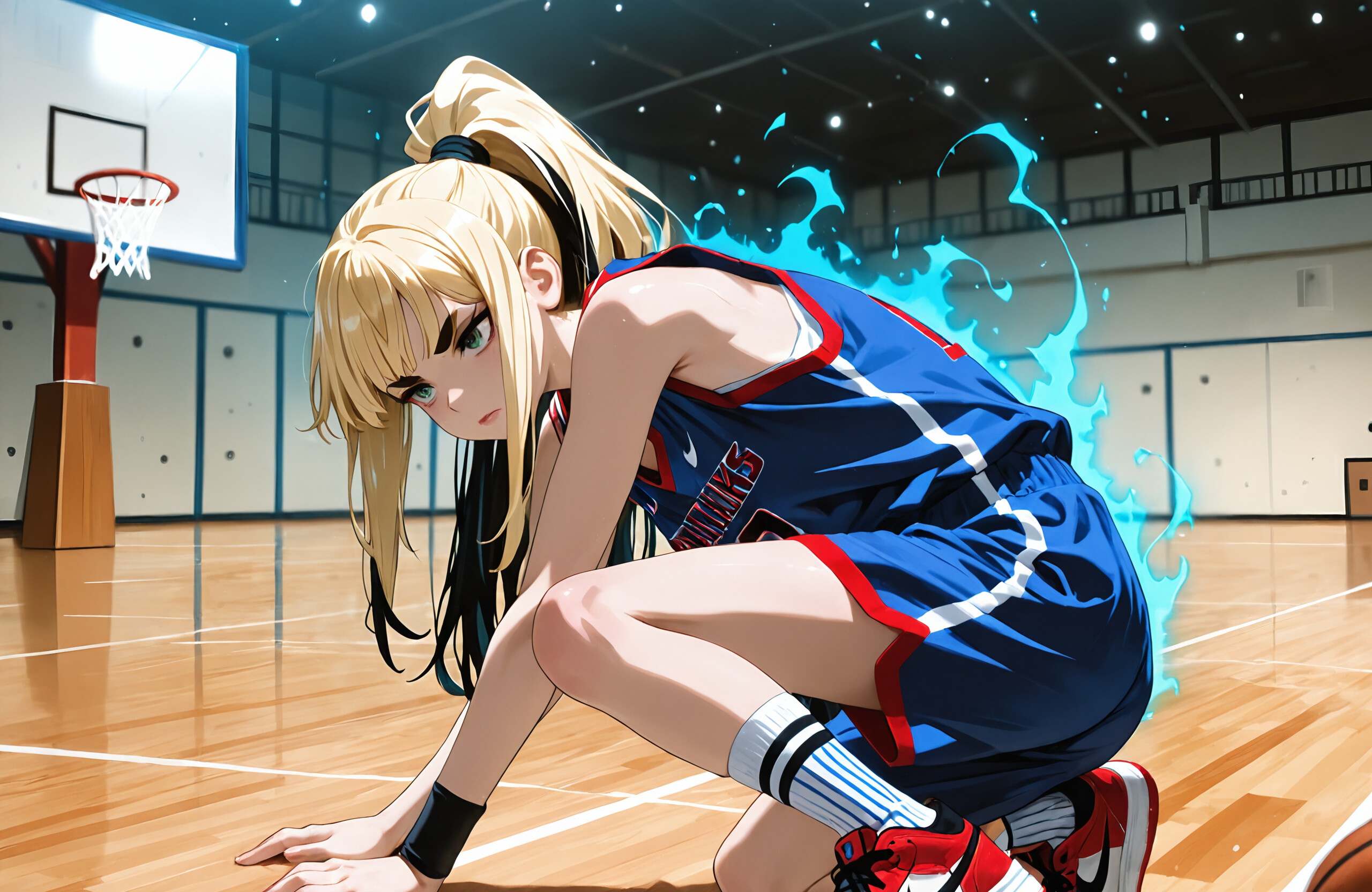 An anime girl with blonde hair in a ponytail and black streaks stands on a basketball court, wearing a blue uniform with the number 13, surrounded by a blue flame-like aura.