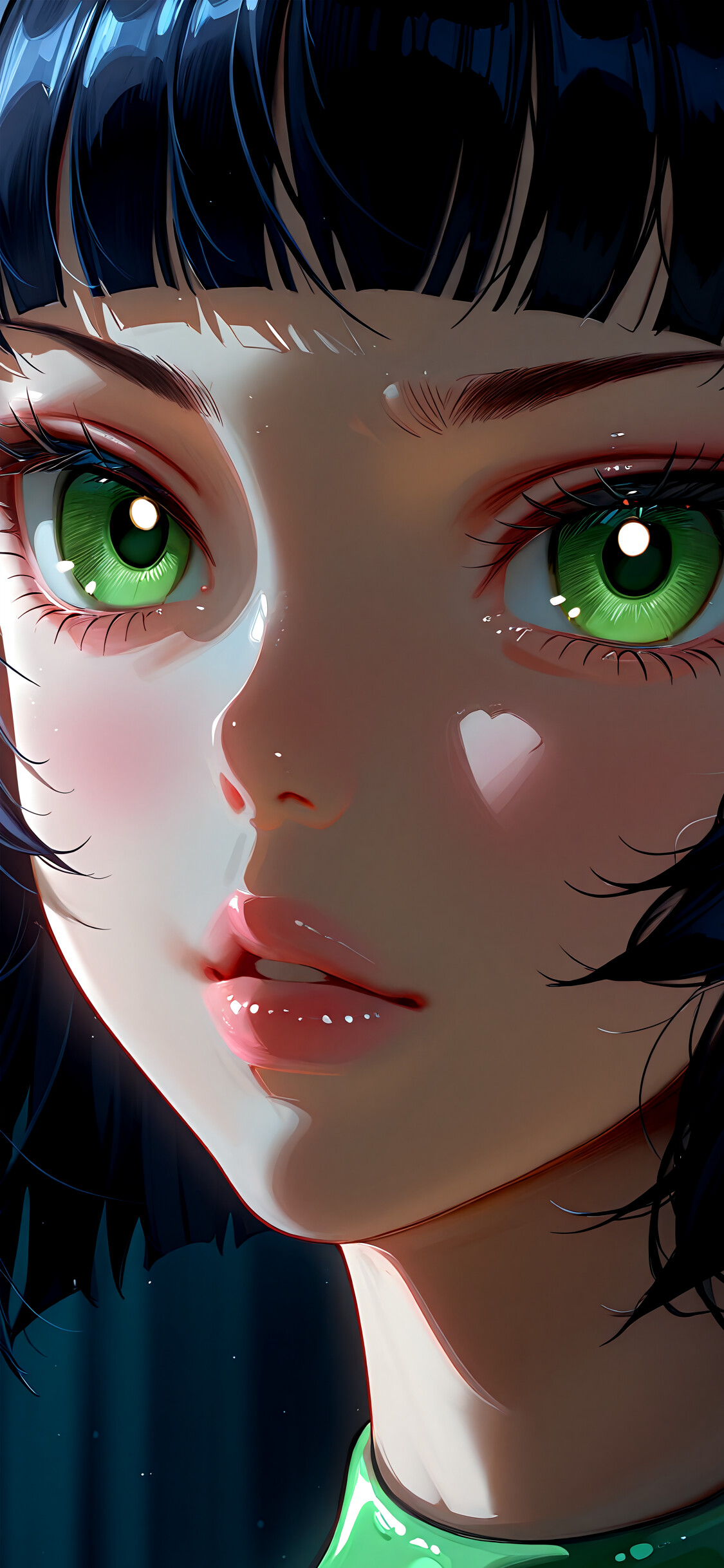 A close-up digital art portrait of the anime character Kaoru Matsubara (Buttercup) from Powerpuff Girls Z. She has blonde hair in pigtails, intense green eyes, and is wearing a green top and a black choker. The lighting is dramatic against a dark background.