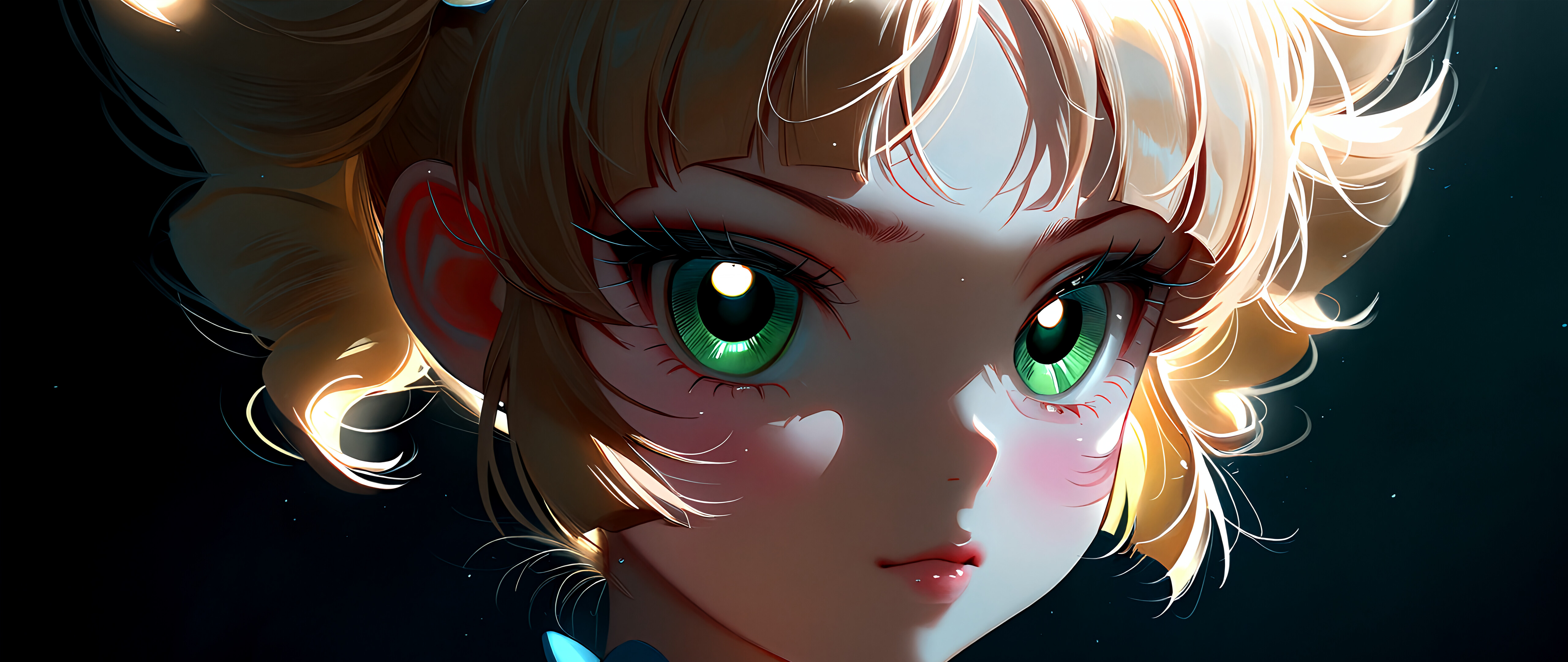 A close-up digital art portrait of the anime character Kaoru Matsubara (Buttercup) from Powerpuff Girls Z. She has blonde hair in pigtails, intense green eyes, and is wearing a green top and a black choker. The lighting is dramatic against a dark background.