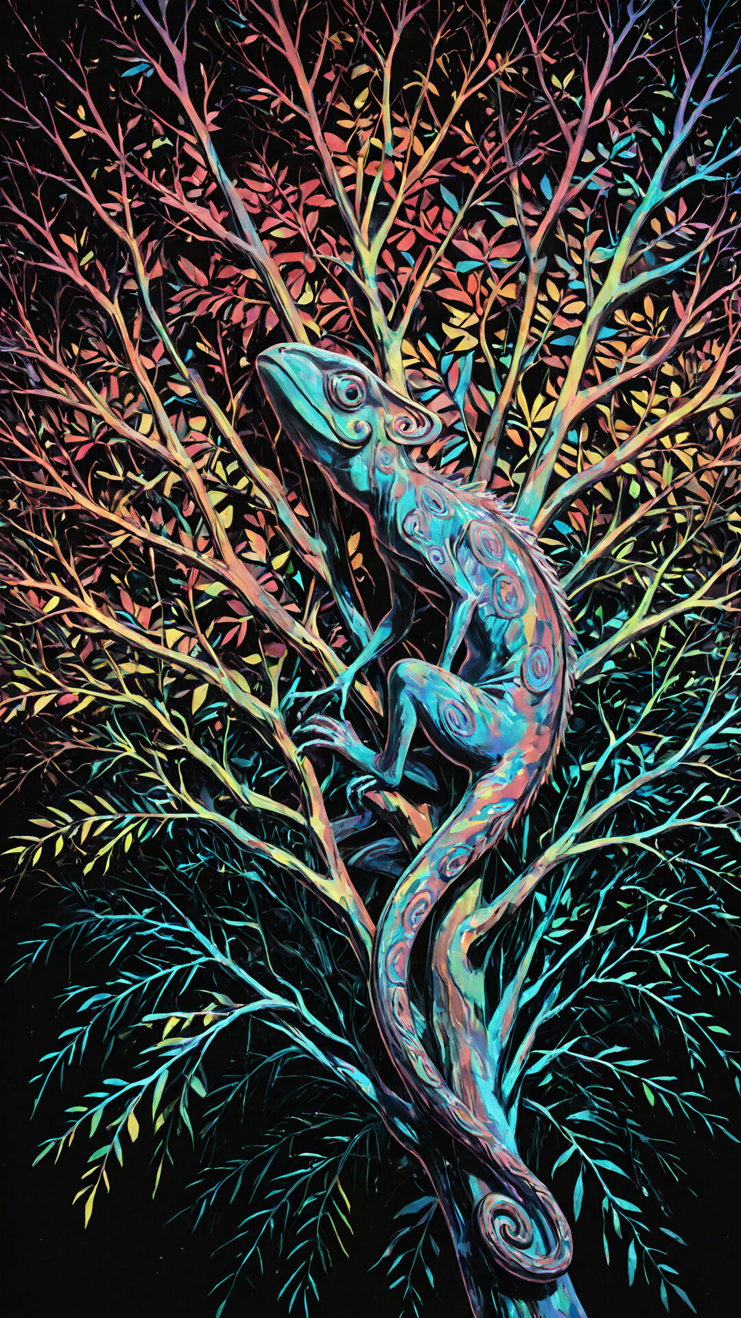 A stylized fantasy creature, resembling a chameleon humanoid with a single horn, stands in a psychedelic forest. Its dark, glossy skin is covered in colorful swirls, and the background features vibrant, rainbow-colored trees against a black sky.