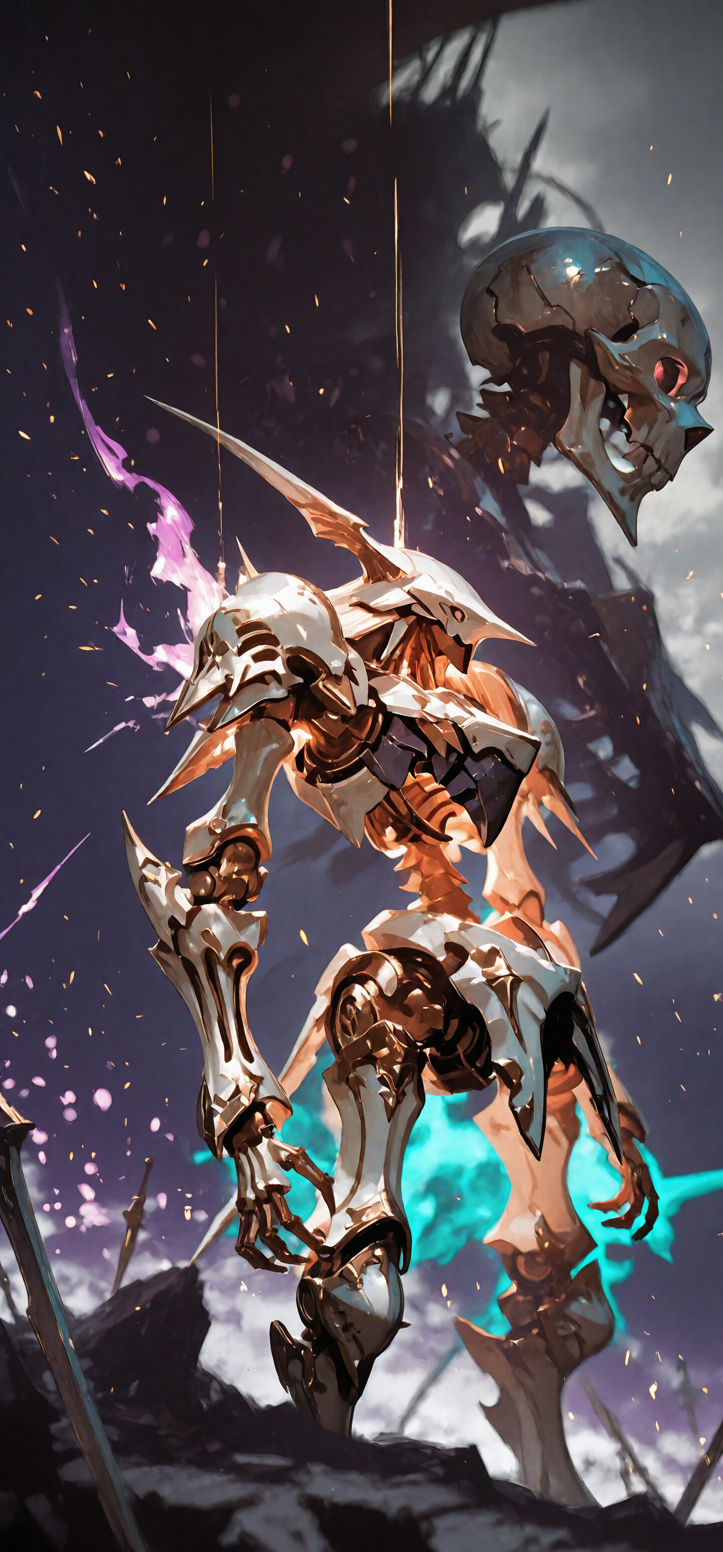 A full-body digital illustration of a skeletal mecha knight with white and gold armor, standing in a dark, cavernous hall. It has a glowing blue core and purple energy emanating from its back.