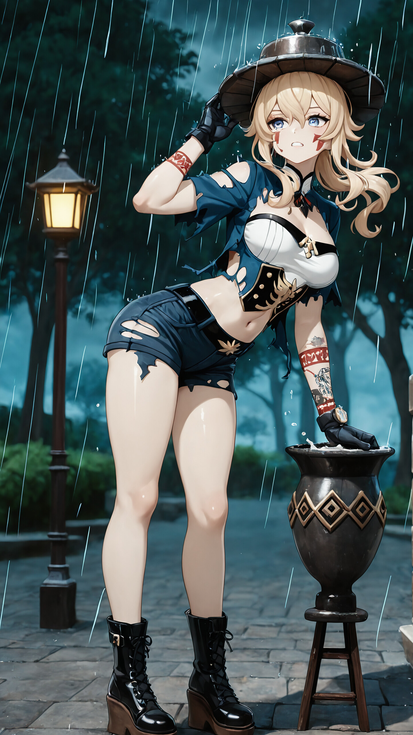 Full-body illustration of Jean from Genshin Impact in a modern alternative outfit, sitting on a stone wall in the rain. She wears a black top hat, a torn black crop top, ripped denim shorts, and black wedge boots, looking back over her shoulder.