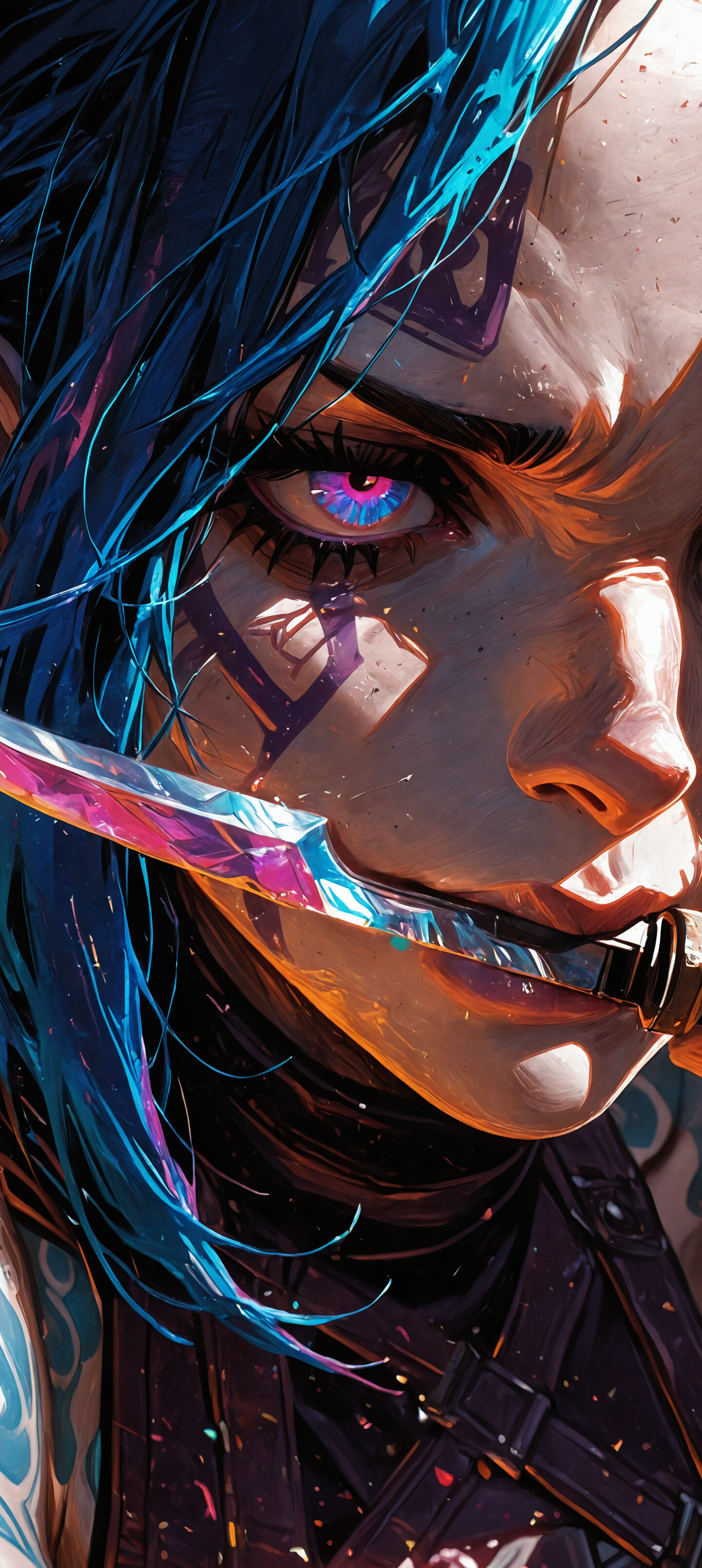A close-up digital painting of Jinx from Arcane, with blue hair and glowing purple eyes, clenching the blade of a knife between her teeth and giving a fierce stare.