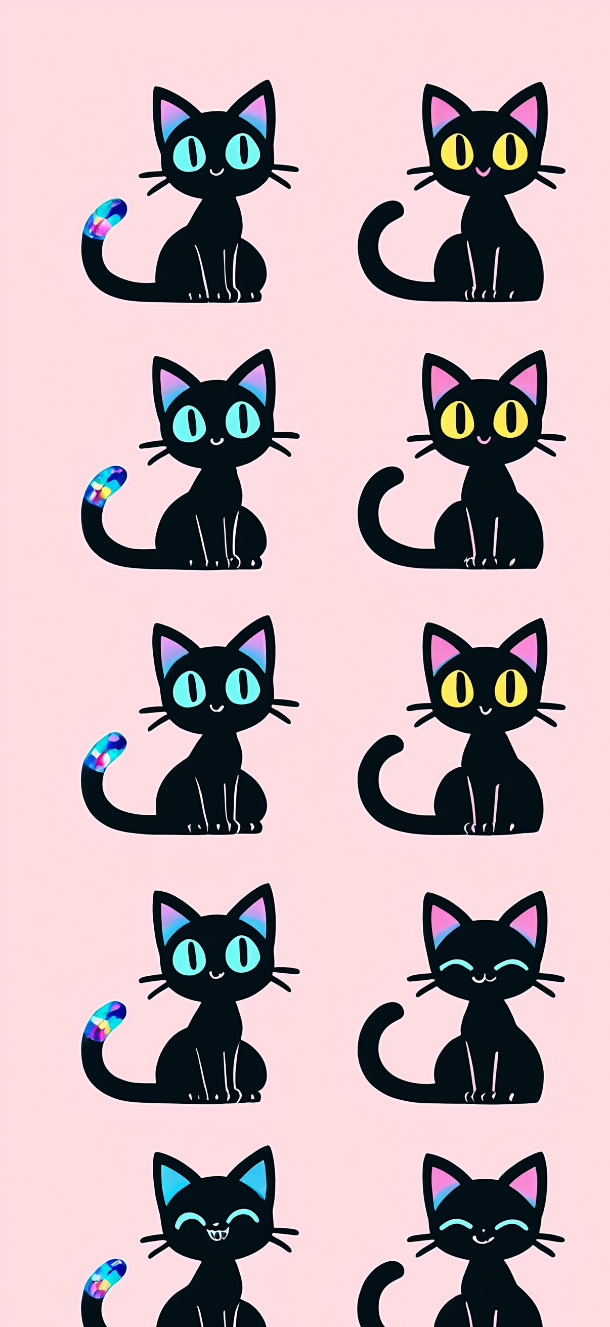 A cute cartoon black cat with a happy, smiling face and closed eyes, sitting on a pastel pink background. The cat's paw pads are multi-colored and iridescent, and white sparkles float around it.