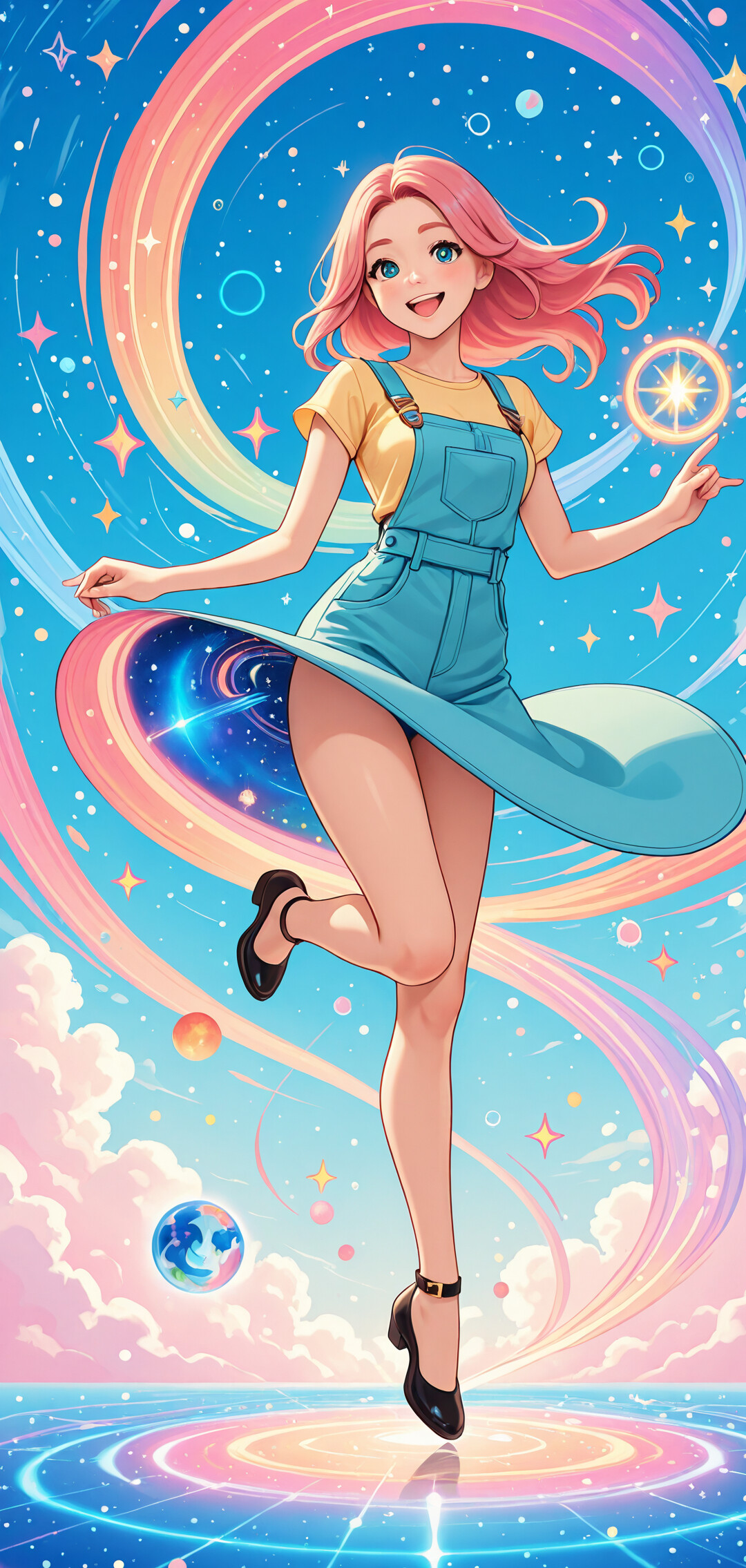 A full-body digital illustration of a happy anime girl with colorful blue hair, fox ears, and a large rainbow tail. She is wearing blue overalls and conjuring a glowing, bursting orb of colorful energy in her hand.