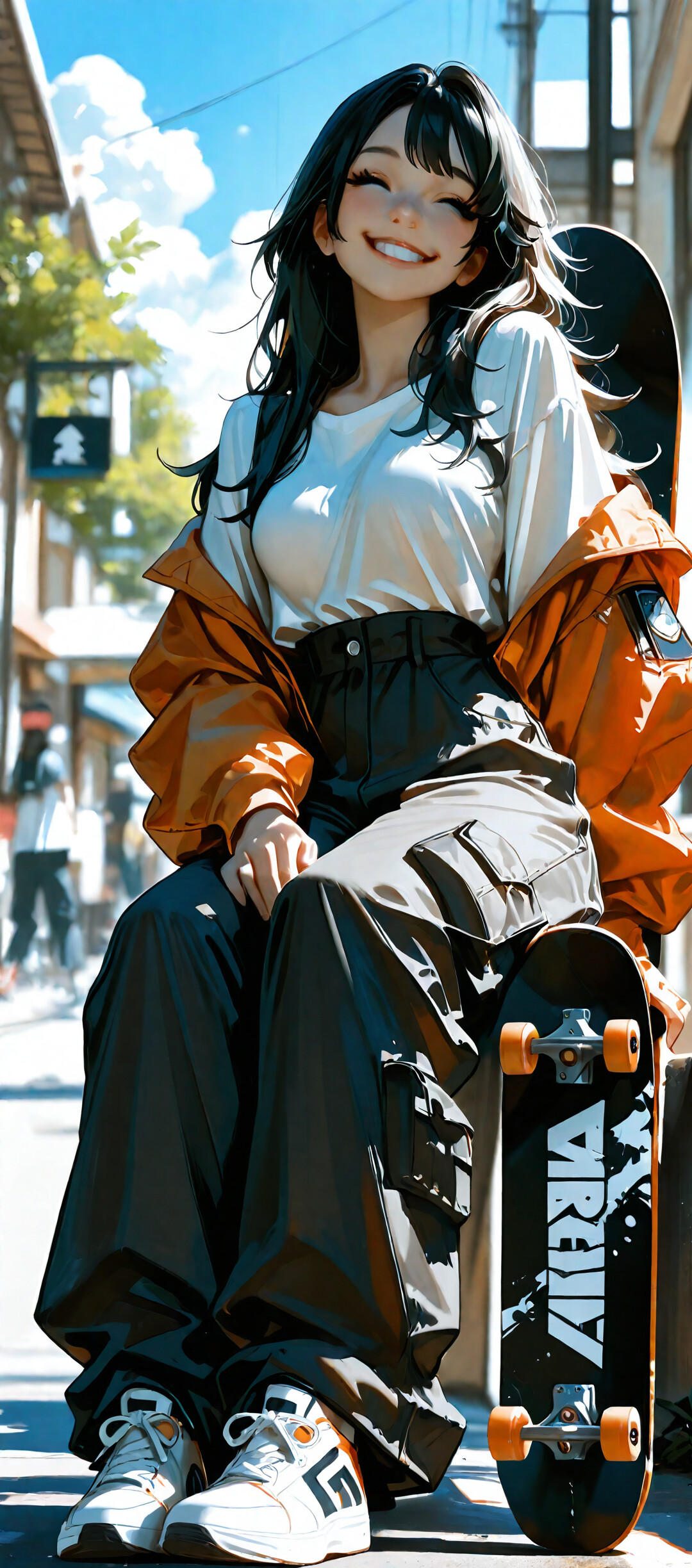 An anime-style girl with long black hair and blue eyes, wearing an orange jacket and cargo pants, smiling happily as she sits on city steps holding a skateboard.
