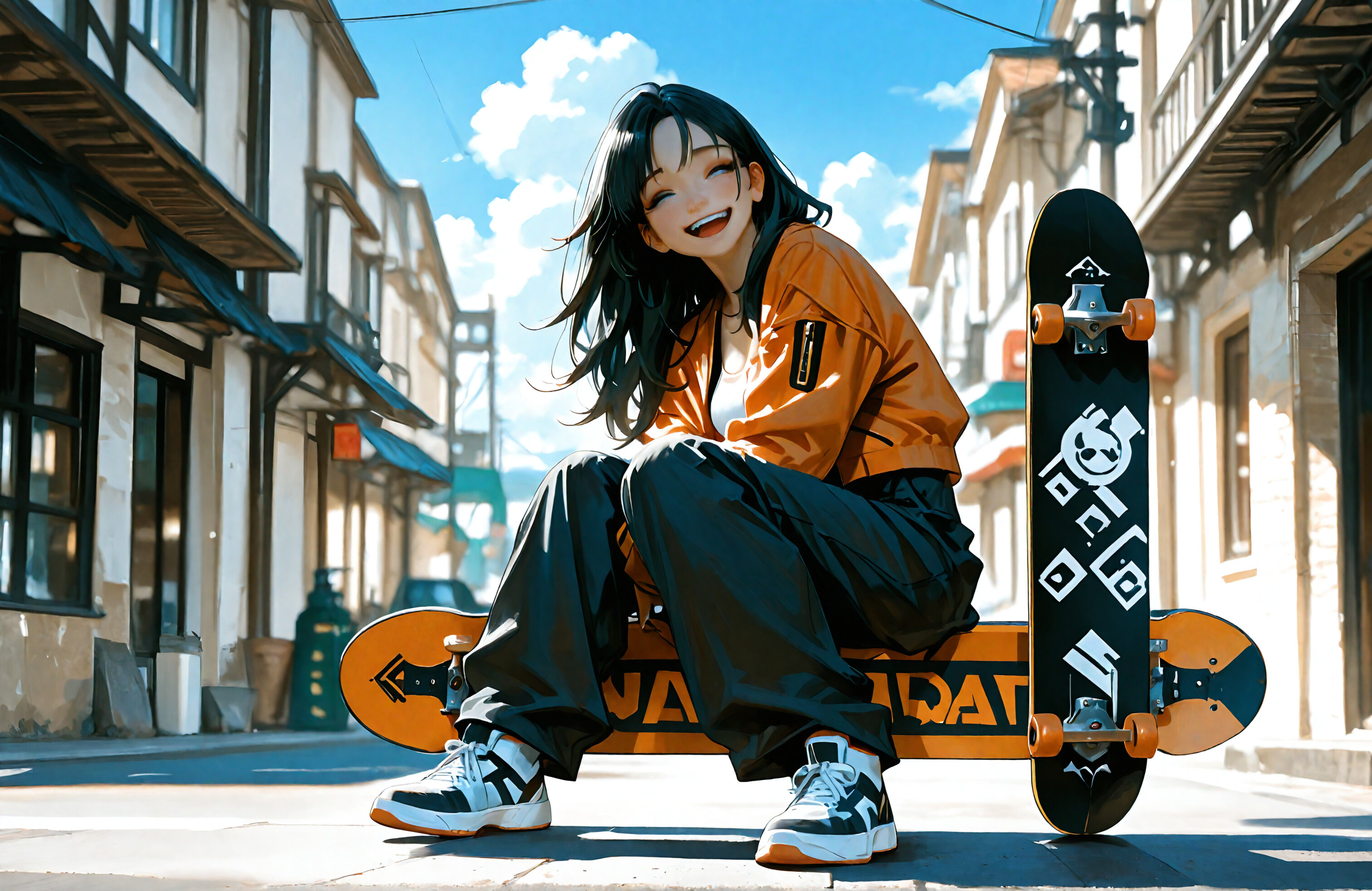 An anime-style girl with long black hair and blue eyes, wearing an orange jacket and cargo pants, smiling happily as she sits on city steps holding a skateboard.