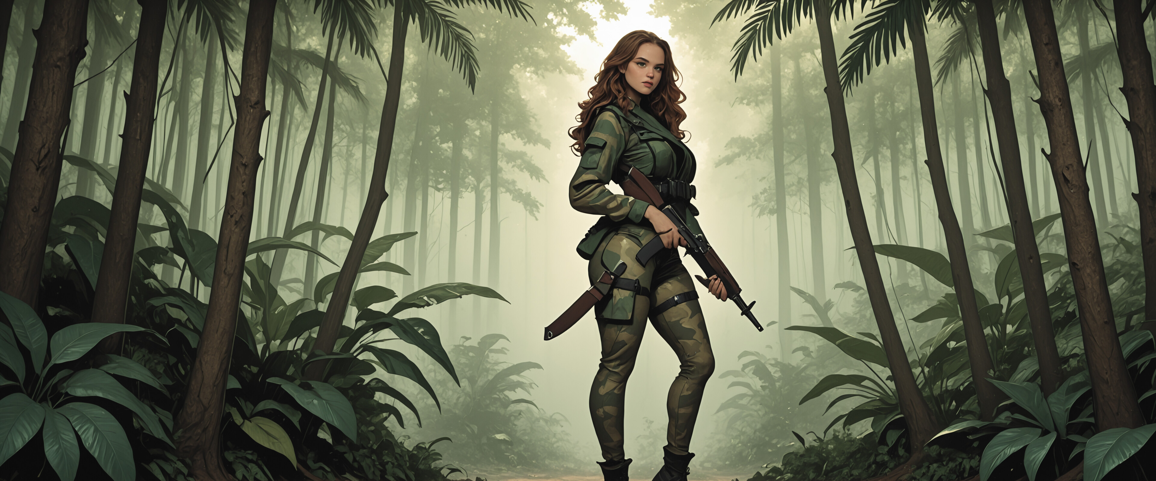 A full-body illustration of a woman with long auburn hair and green eyes in a camouflage combat outfit, holding two knives while standing on a path in a dense green jungle.