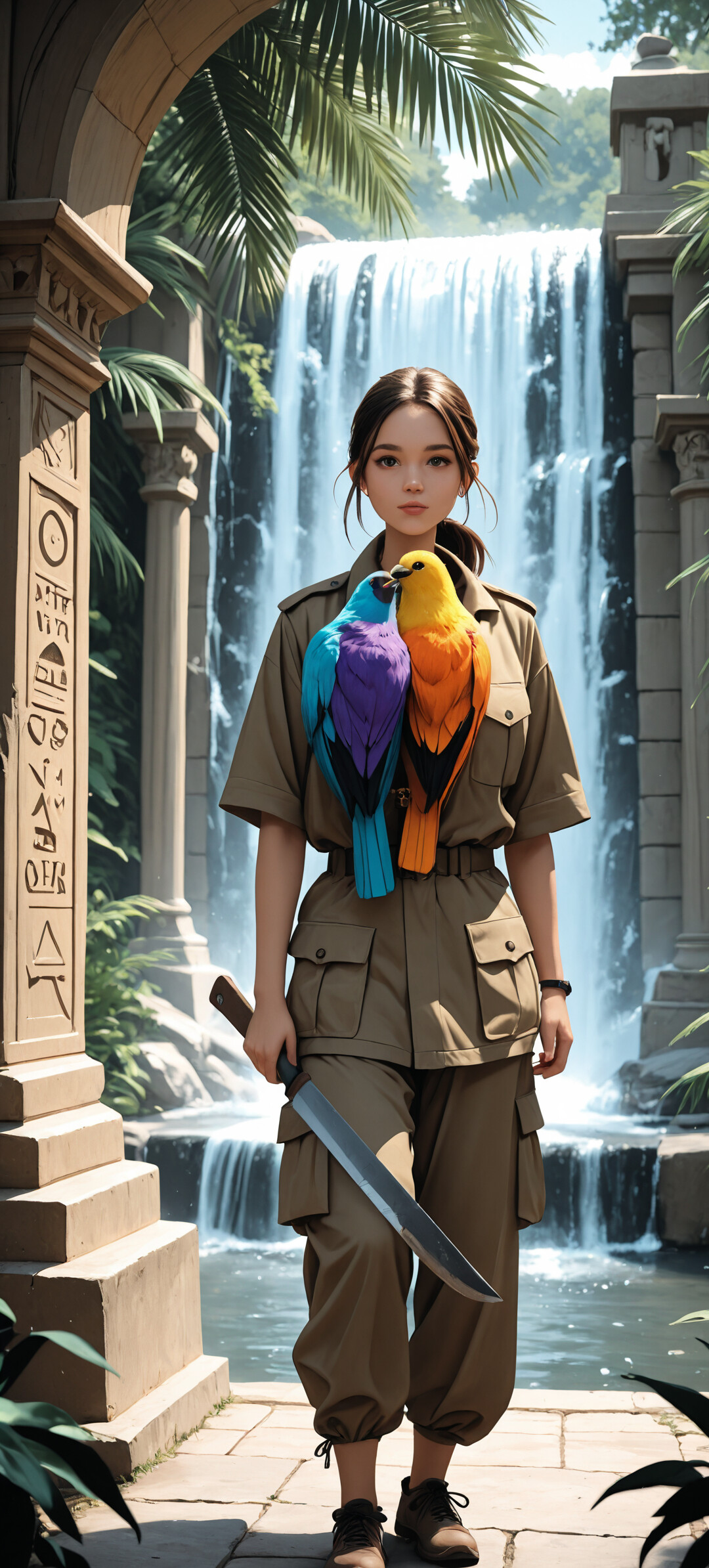 A young blonde woman in a green safari outfit stands in a jungle. She is holding a large knife and has a brightly colored bird tucked into her belt. An ancient carved stone pillar is to her left, and a large waterfall is visible in the background.