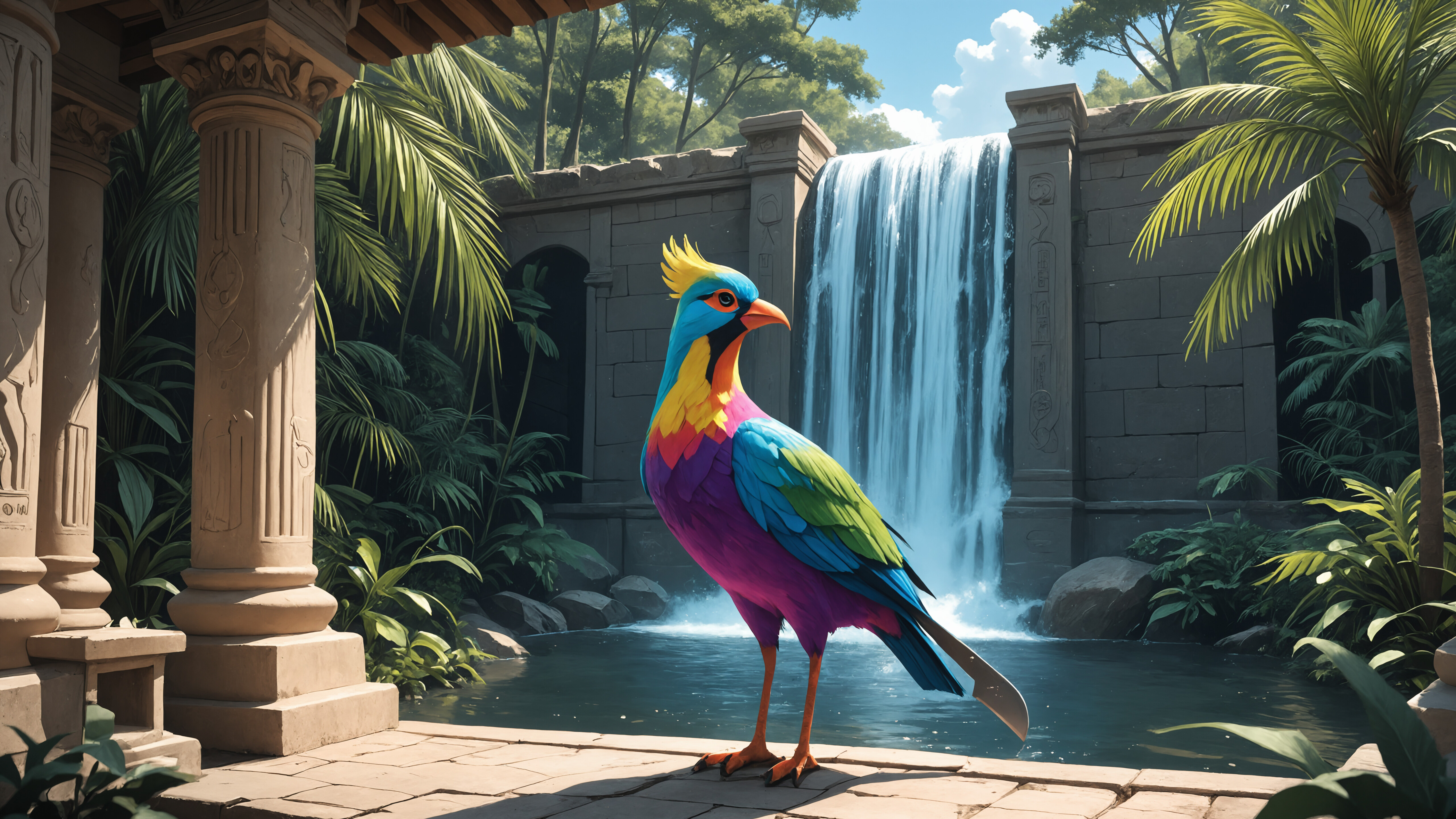 A young blonde woman in a green safari outfit stands in a jungle. She is holding a large knife and has a brightly colored bird tucked into her belt. An ancient carved stone pillar is to her left, and a large waterfall is visible in the background.