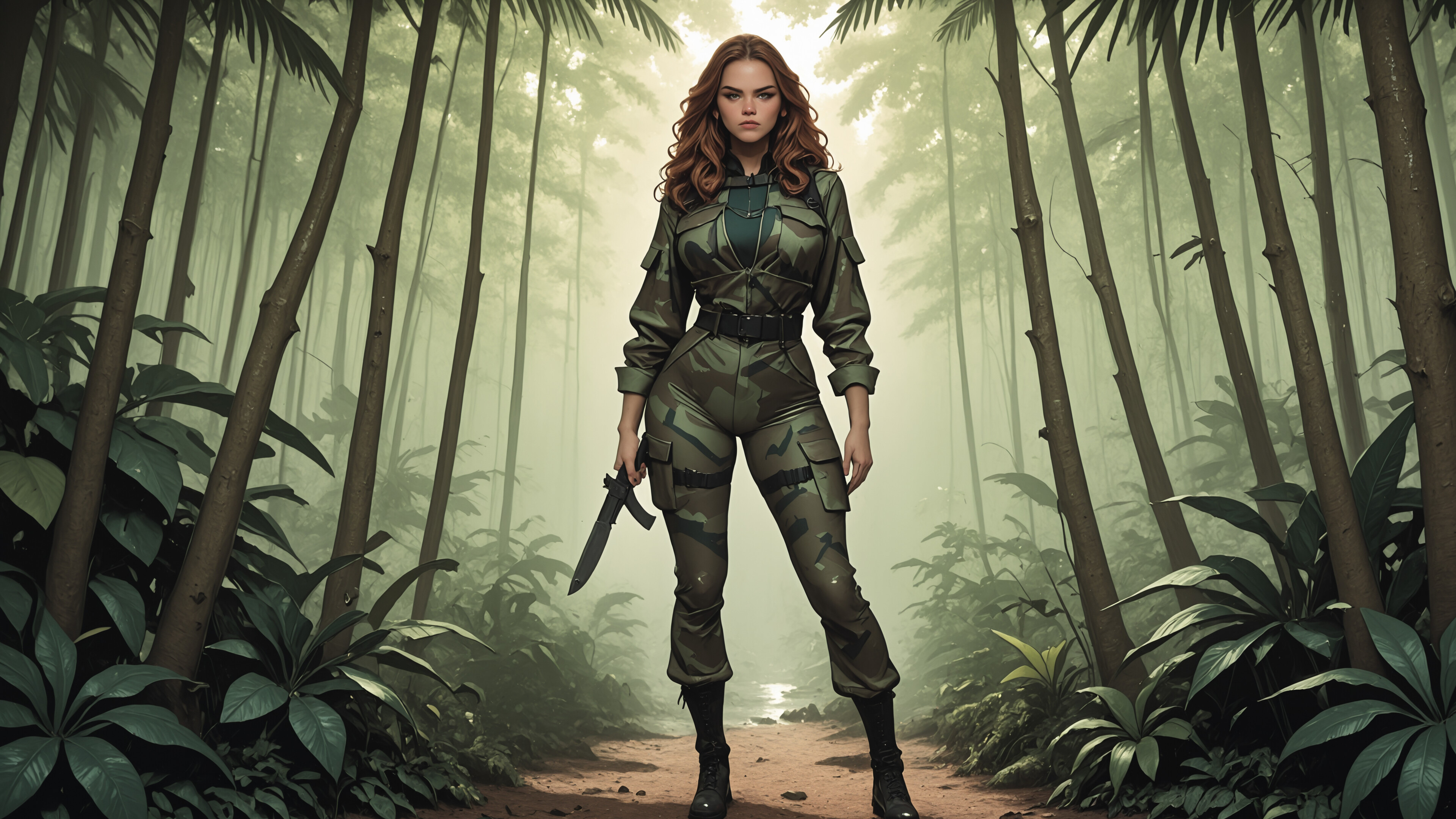 A full-body illustration of a beautiful woman with long auburn hair and green eyes, dressed as a mercenary in a revealing camouflage outfit, holding two combat knives in a dense jungle.
