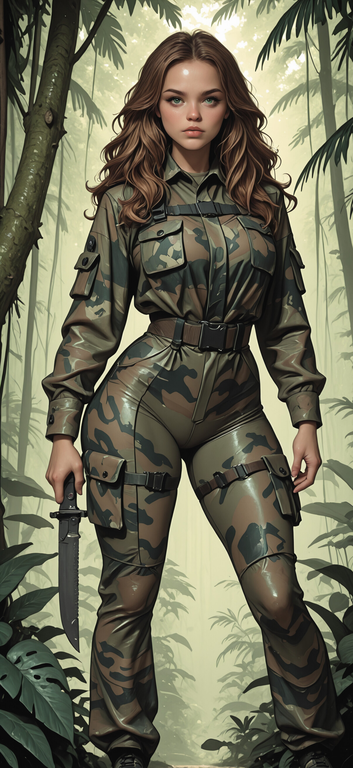 A full-body illustration of a beautiful woman with long auburn hair and green eyes, dressed as a mercenary in a revealing camouflage outfit, holding two combat knives in a dense jungle.