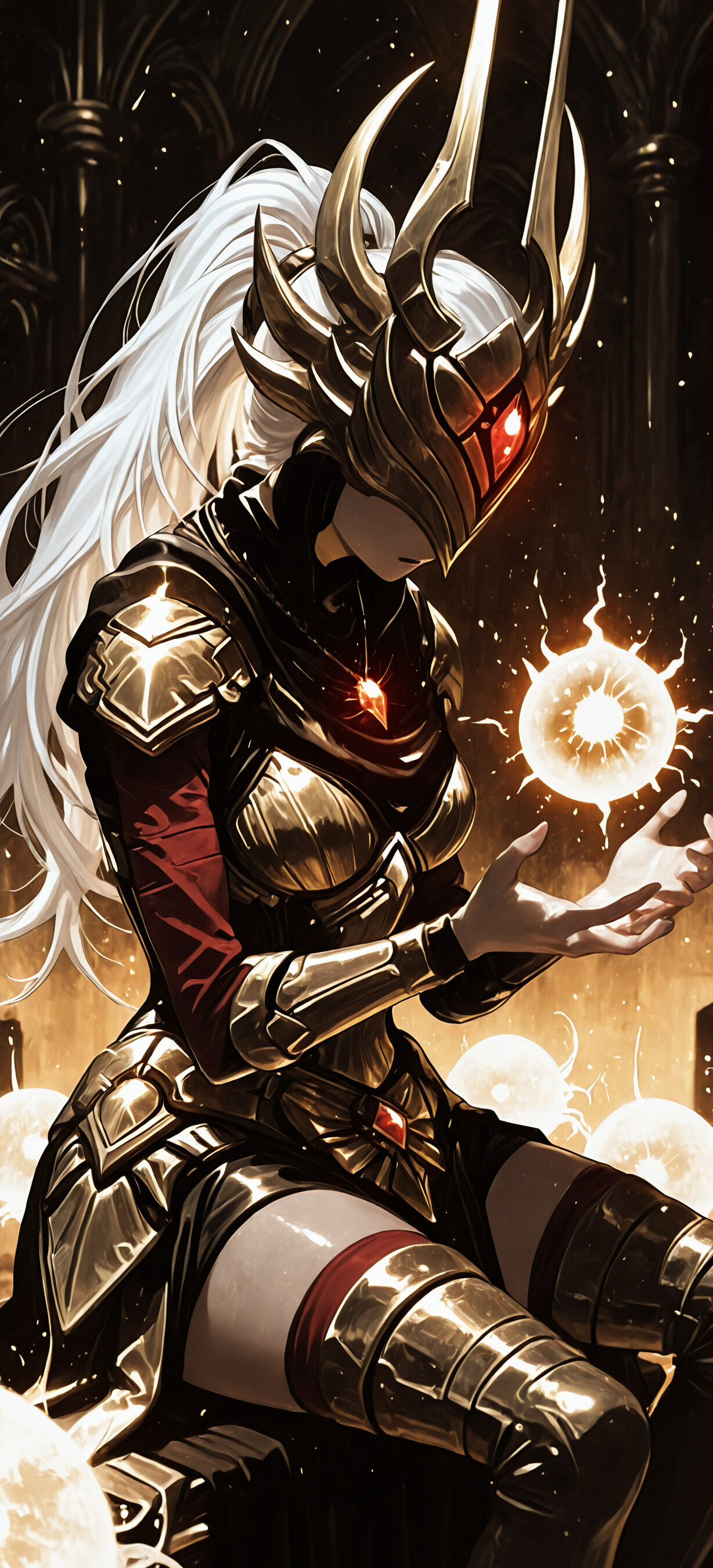 An anime-style illustration of Justicar Syndra from League of Legends, a female character with long white hair wearing intricate golden armor and a helmet, sitting while holding a glowing orb of light in her hand.