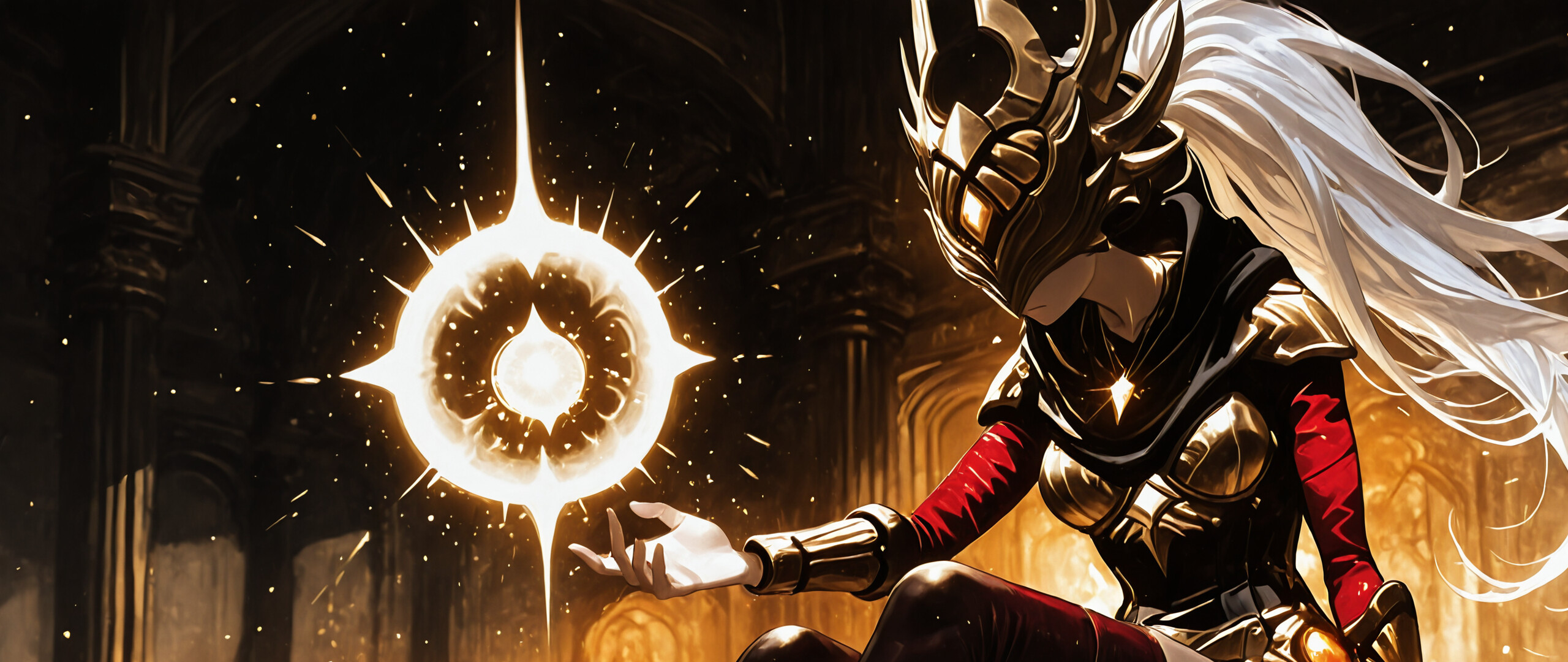 An anime-style illustration of Justicar Syndra from League of Legends, a female character with long white hair wearing intricate golden armor and a helmet, sitting while holding a glowing orb of light in her hand.