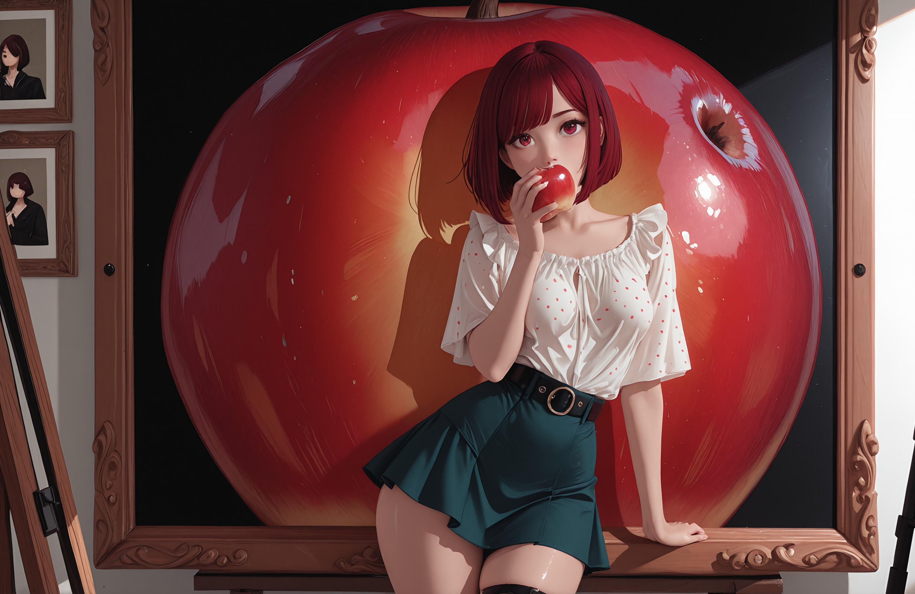 An anime-style illustration of Kana Arima from Oshi no Ko, a young woman with short red hair and red eyes. She is wearing a white polka-dot shirt and a red skirt, holding a red apple to her lips while leaning in an art studio.