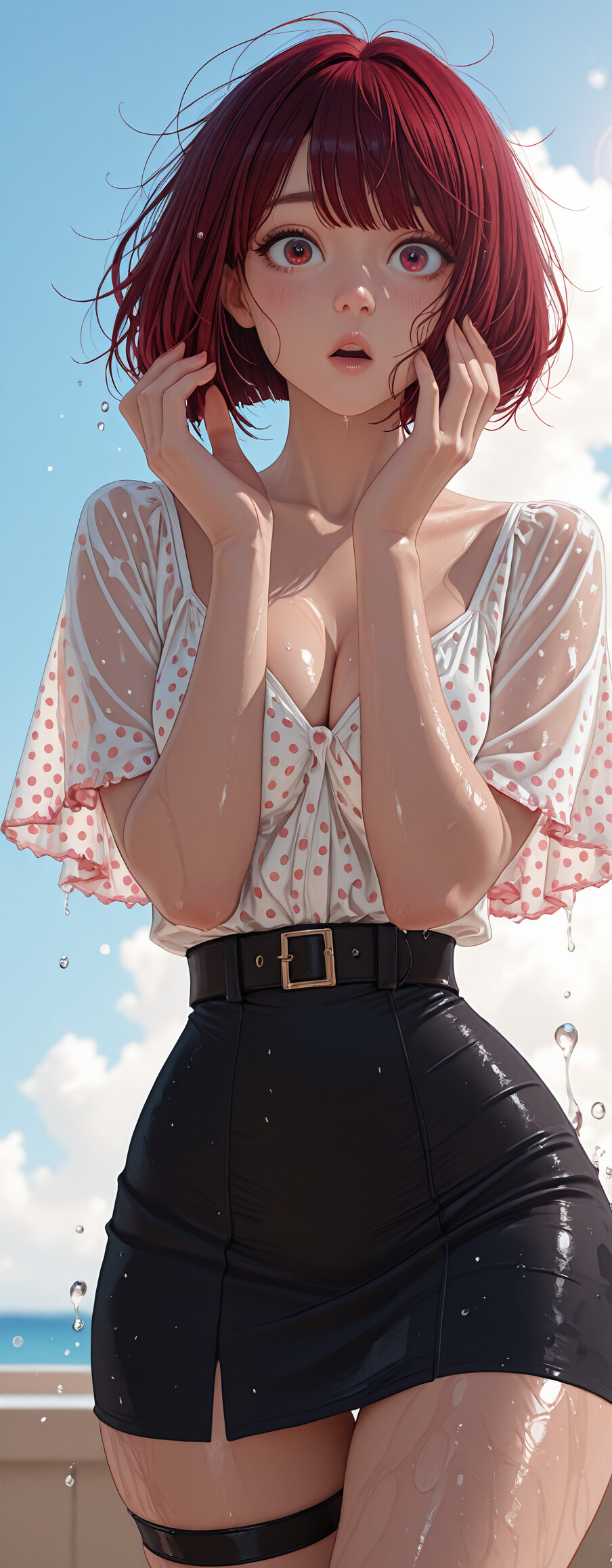An anime illustration of Kana Arima from Oshi no Ko standing on a beach. She has short red hair and is looking surprised. Her clothes, a pink polka-dot blouse and beige skirt, are completely wet from the ocean water, with the sun setting in the background.