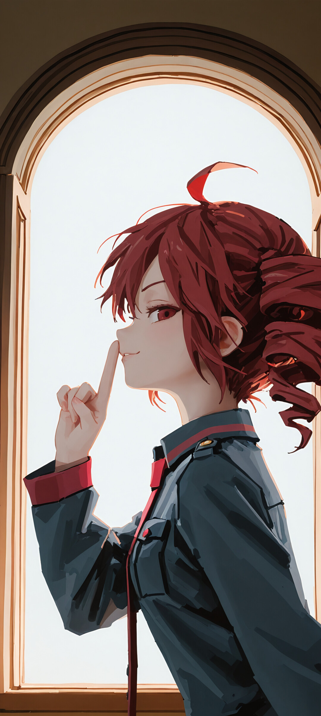 An anime-style illustration of Kasane Teto with vibrant red hair and eyes, leaning sideways from a window. She holds one finger to her lips in a 'shushing' motion with a smug look on her face.