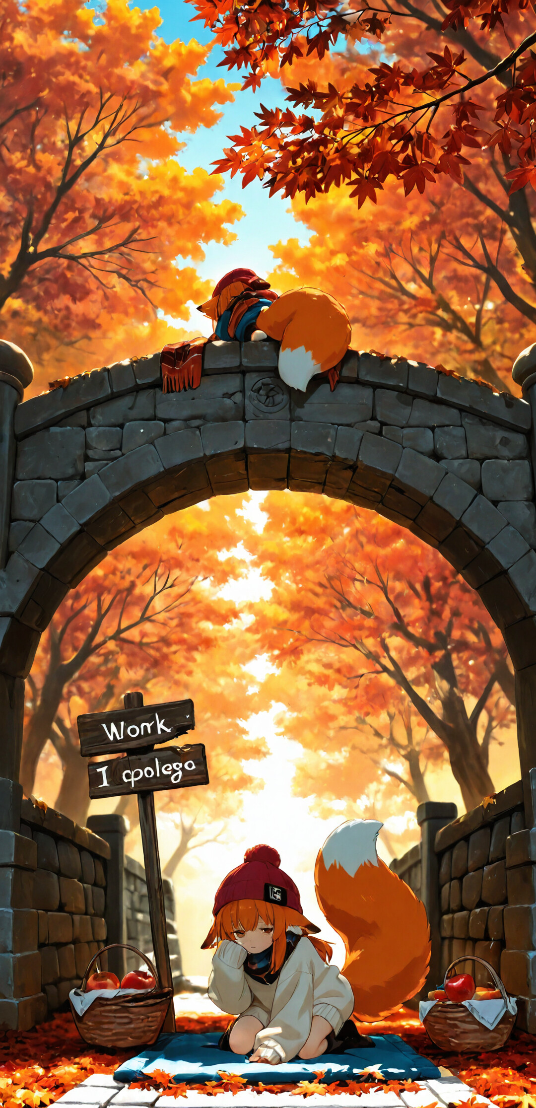 An anime fox girl with a large orange tail and orange hair sits on a blanket in an autumn park. She wears a red beanie and a cozy sweater. Next to her is a wooden sign that reads 'I. Worrk for I Apples' and two baskets filled with red apples.
