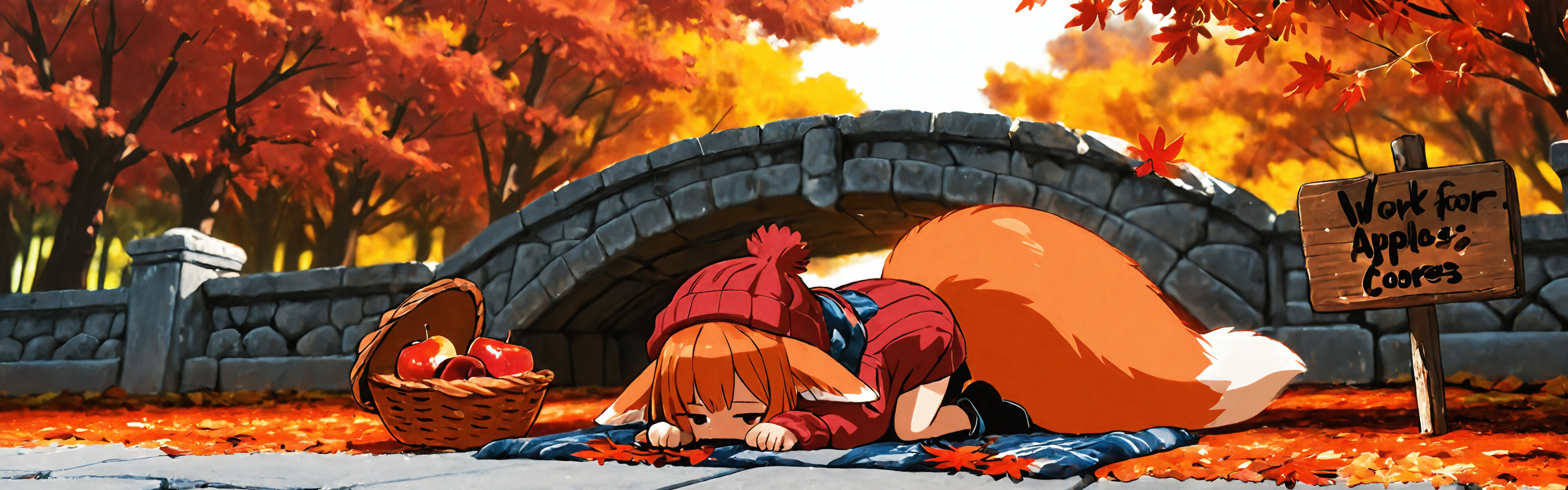 An anime fox girl with a large orange tail and orange hair sits on a blanket in an autumn park. She wears a red beanie and a cozy sweater. Next to her is a wooden sign that reads 'I. Worrk for I Apples' and two baskets filled with red apples.