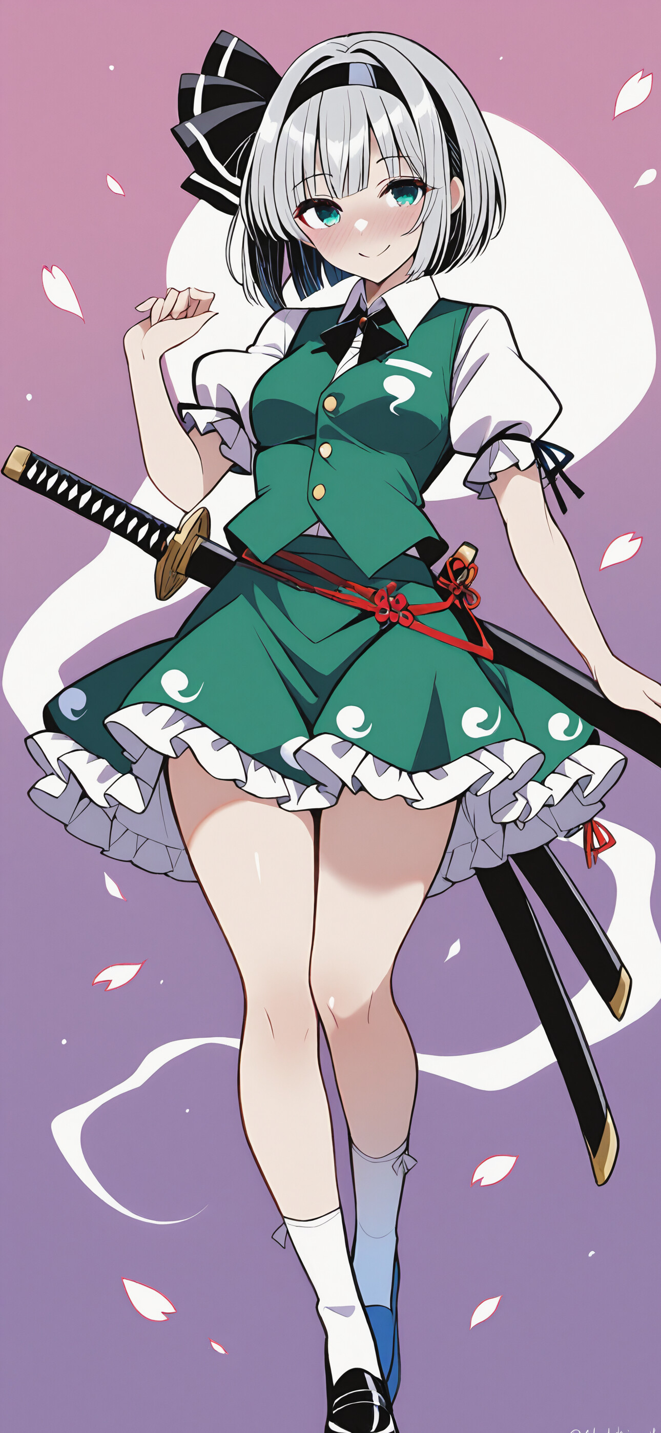An illustration of Konpaku Youmu from Touhou Project, a silver-haired girl in a green and white uniform, kneeling with a katana as cherry blossom petals fall around her. Her blue phantom half floats beside her.