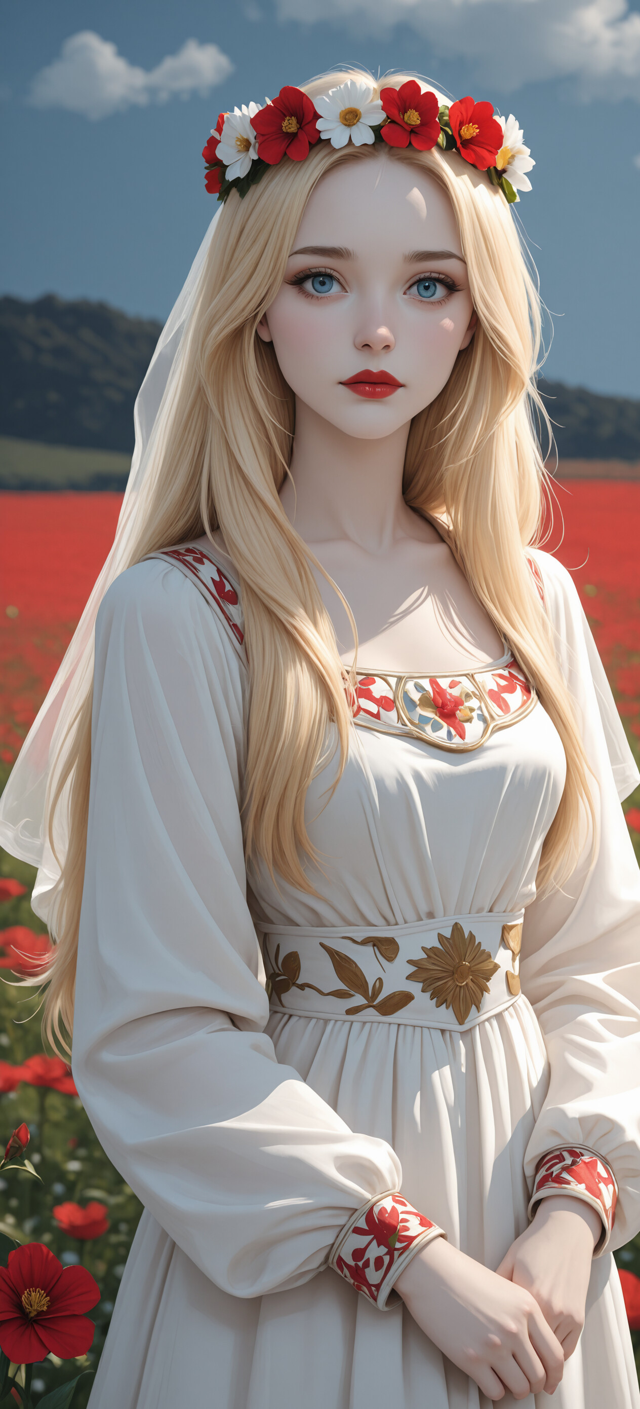 A beautiful young woman with long blonde hair and blue eyes, representing the Slavic goddess Lada, stands in a field of red poppies. She wears an elegant white dress and a flower crown of red and white roses.