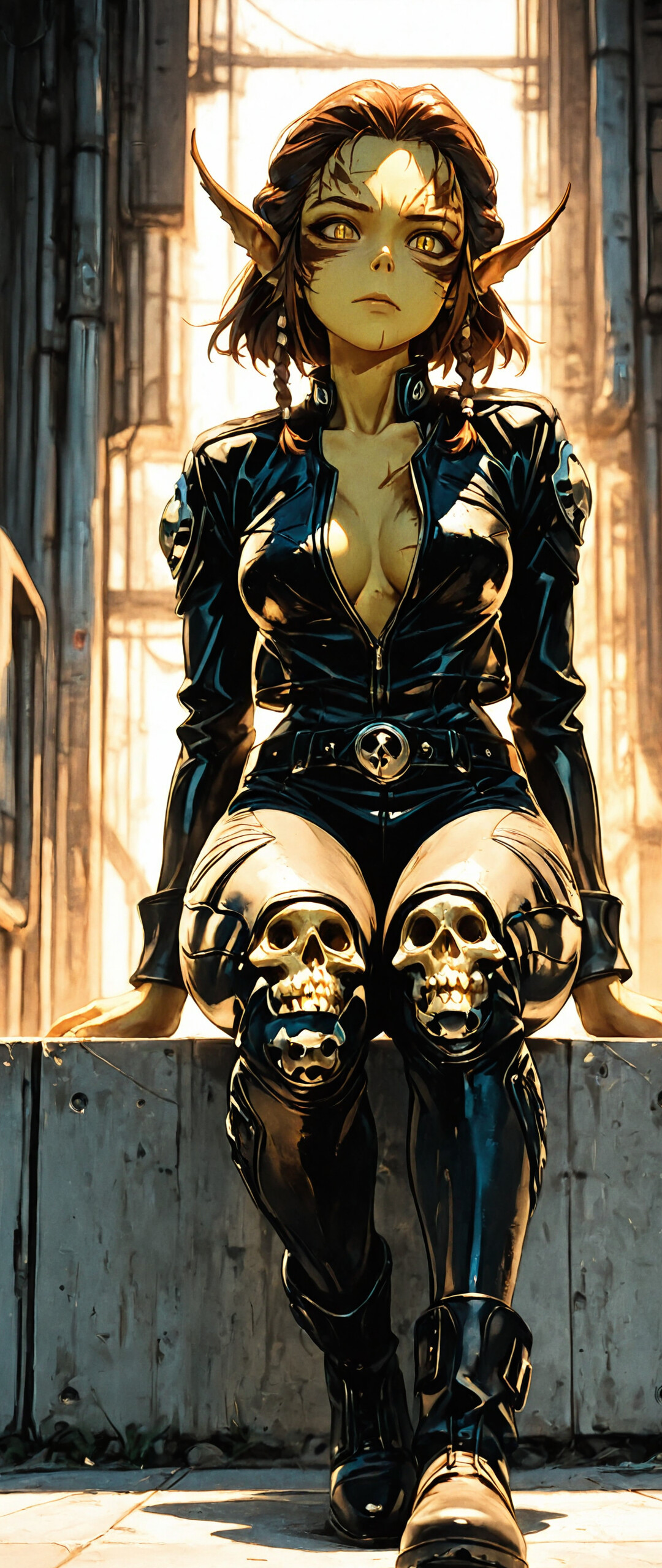 A full-body illustration of the character Lae'zel from Baldur's Gate 3, sitting cross-legged in a black leather biker suit with skull details. She has pointy ears, yellow eyes, and is set against the backdrop of a large, bright, arched window.
