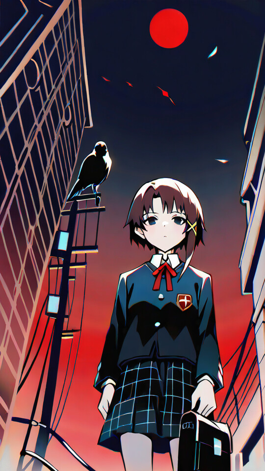A low-angle illustration of the anime character Lain Iwakura in her school uniform, standing in a dark city alley at night. A large red moon and crows are visible in the sky above her.